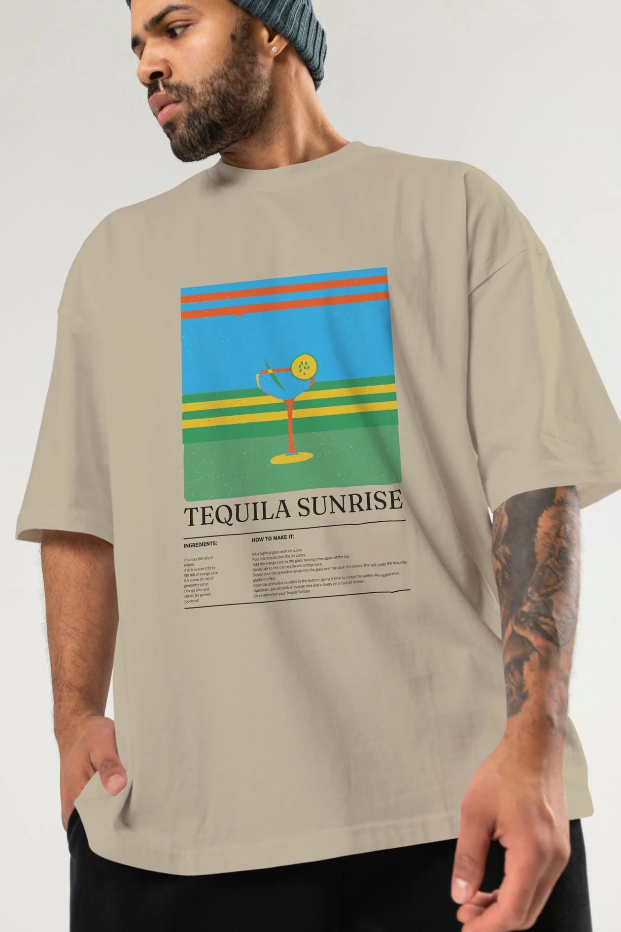 Tequila Sunrise Kokteyl Ön Baskılı Oversize t-shirt Erkek Kadın %100 Pamuk Bisiklet Yaka tişort