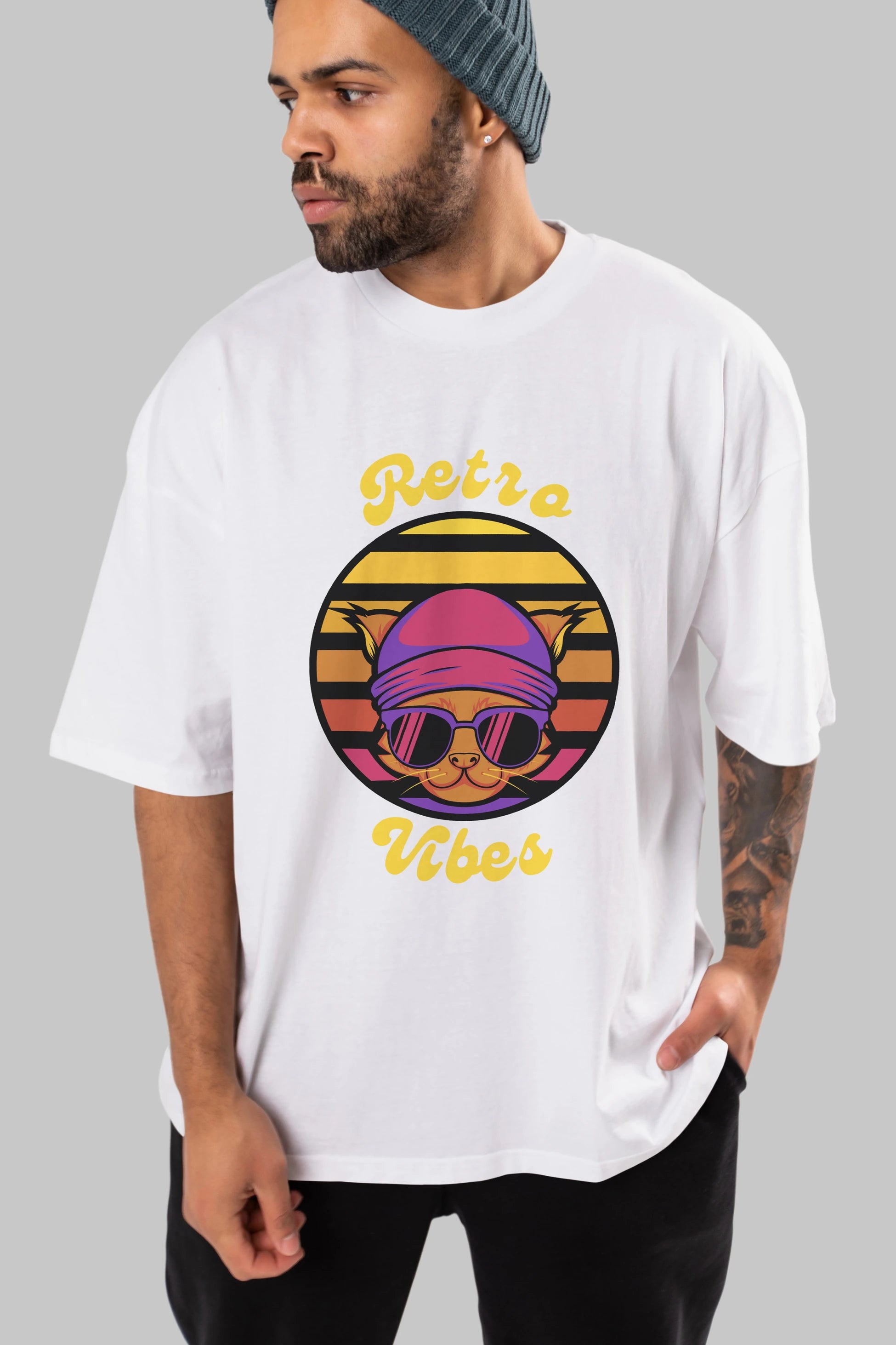 Cat Retro Vibes Ön Baskılı Oversize t-shirt Erkek Kadın Unisex