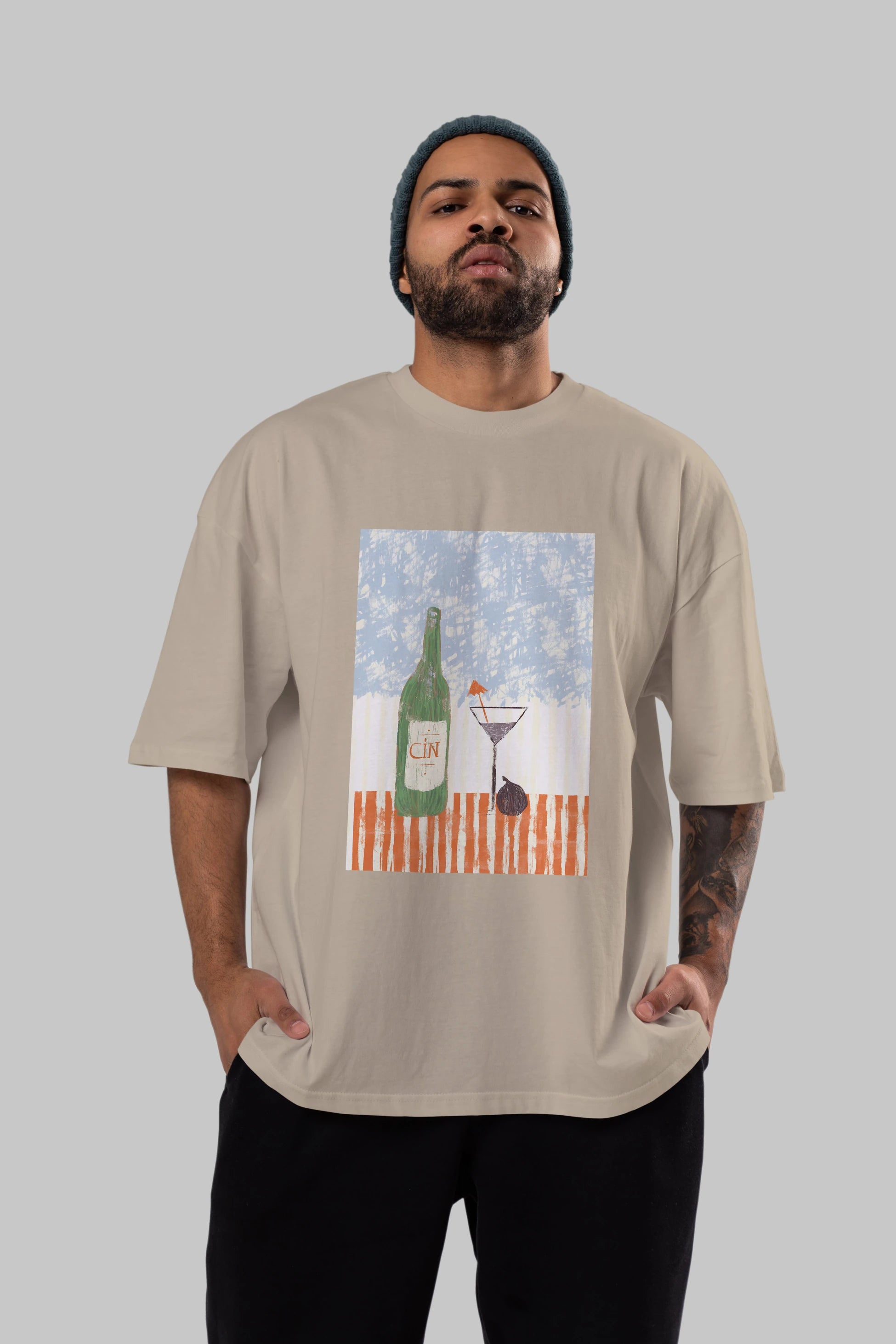 Gin Ön Baskılı Oversize t-shirt Erkek Kadın Unisex %100 Pamuk Bisiklet Yaka tişort
