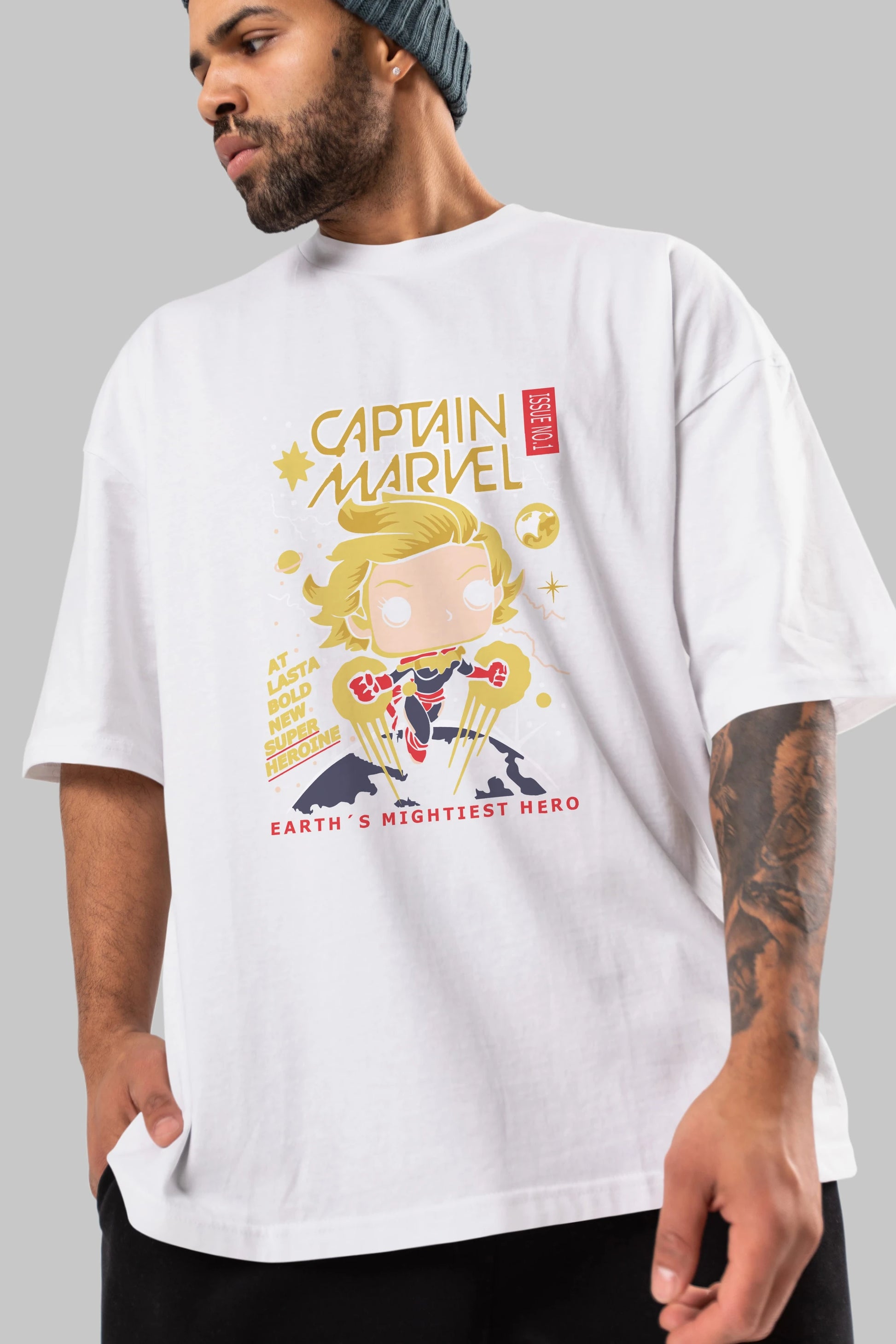 Captain Marvel Ön Baskılı Oversize t-shirt Erkek Kadın Unisex %100 Pamuk Bisiklet Yaka tişort