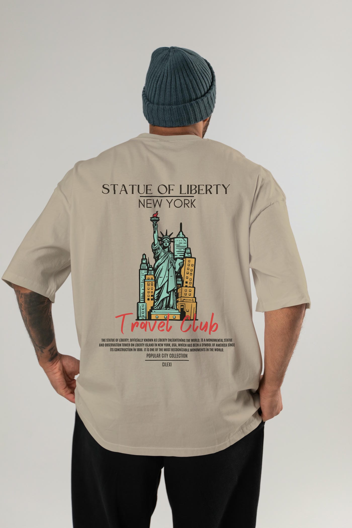 Statue Of Liberty New York Arka Baskılı Oversize t-shirt Erkek Kadın Pamuk Bisiklet Yaka tişort