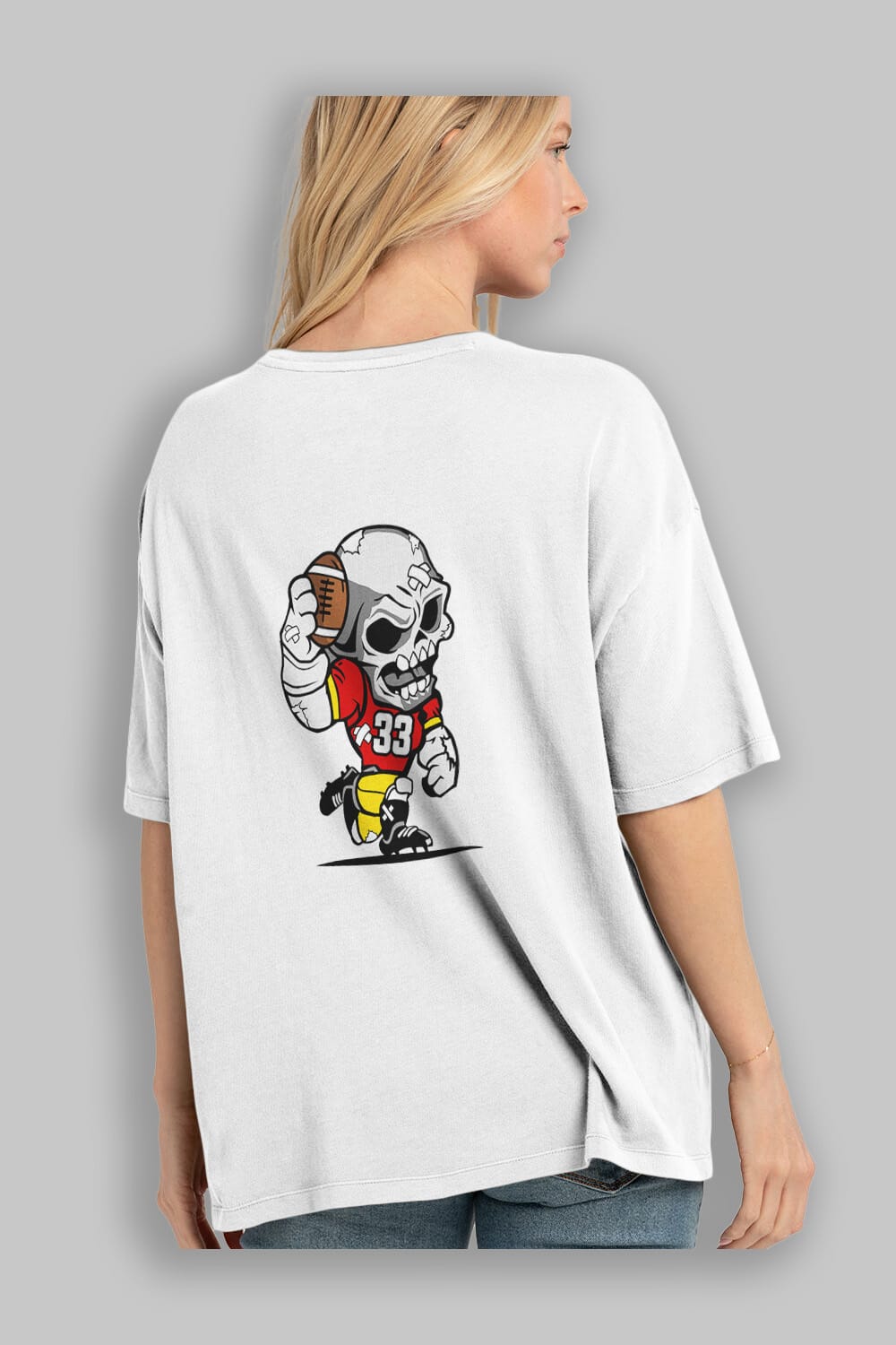 Skull Football Player Arka Baskılı Oversize t-shirt Erkek Kadın Unisex %100 Pamuk tişort