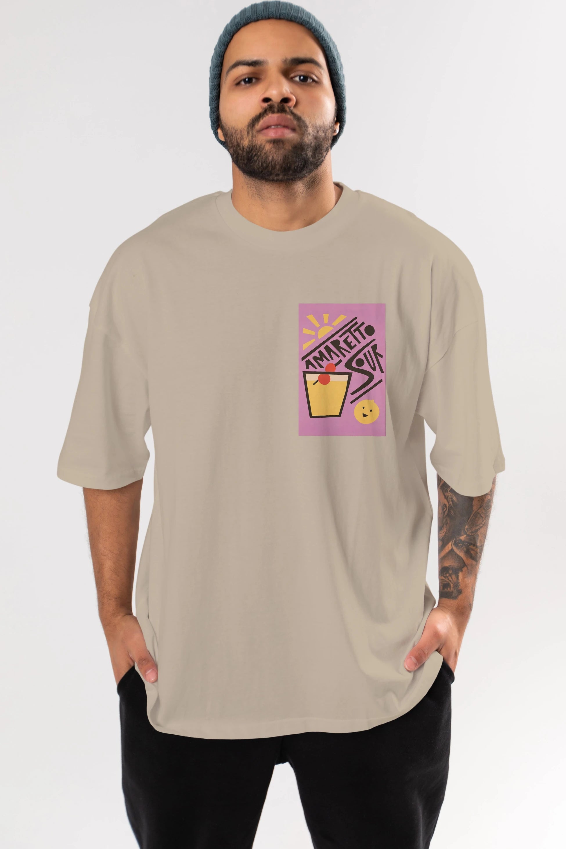 Amaretto Sour Ön Sol Baskılı Oversize t-shirt Erkek Kadın Unisex %100 Pamuk Bisiklet Yaka tişort