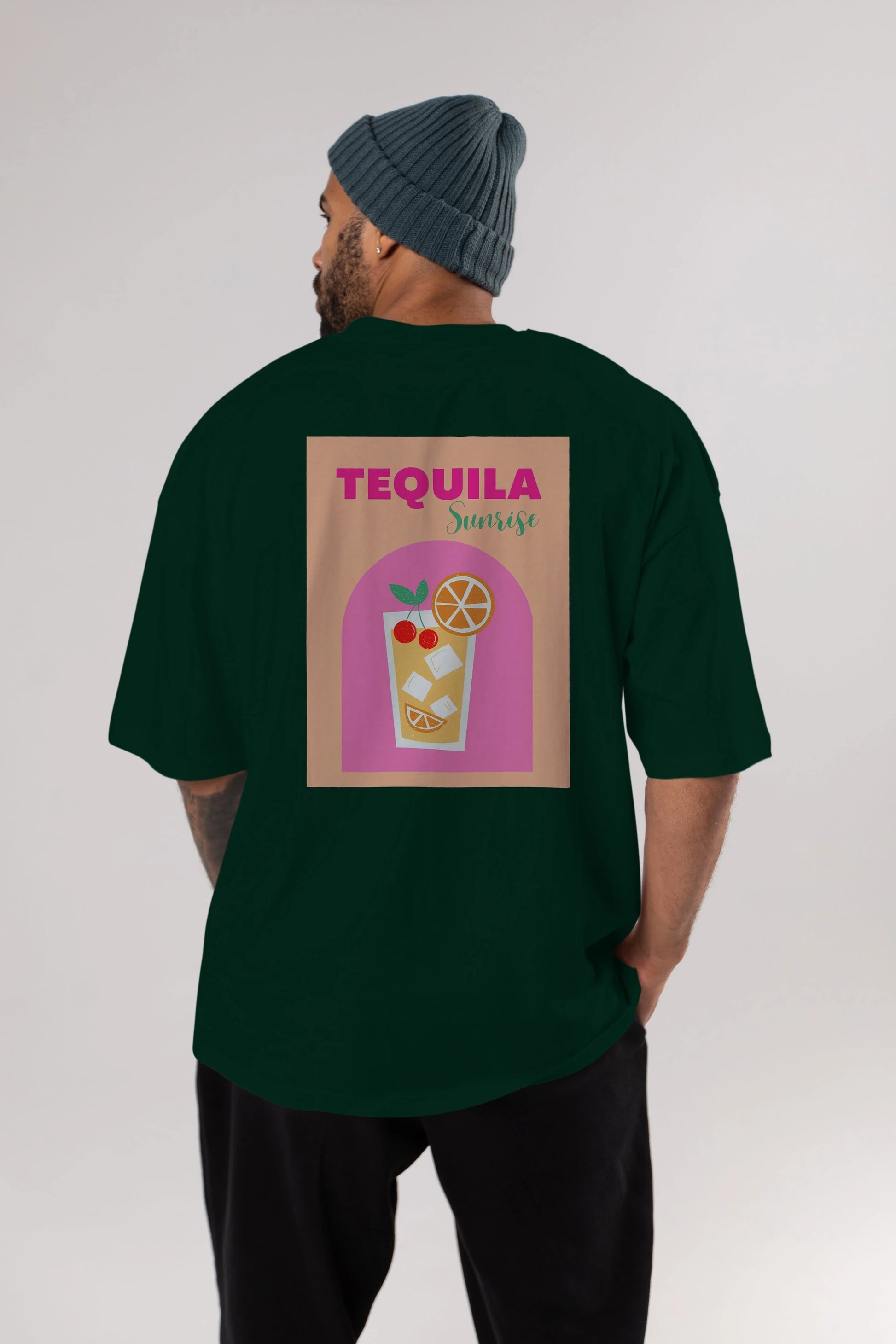 Tequila Sunrise 2 Arka Baskılı Oversize t-shirt Erkek Kadın Unisex %100 Pamuk Bisiklet Yaka tişort