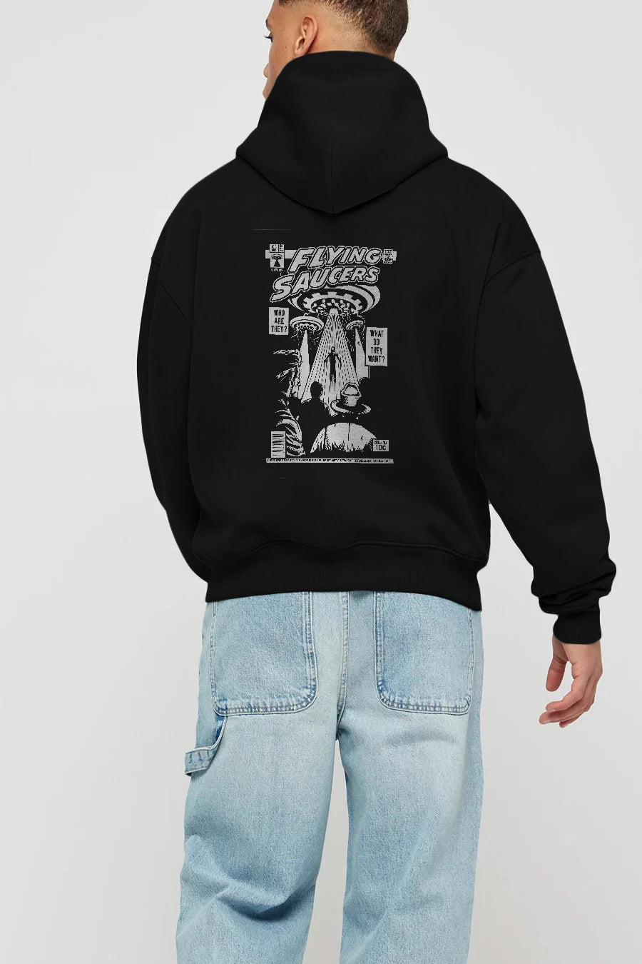 UFO Arka Baskılı Hoodie Oversize Kapüşonlu Sweatshirt Erkek Kadın Unisex