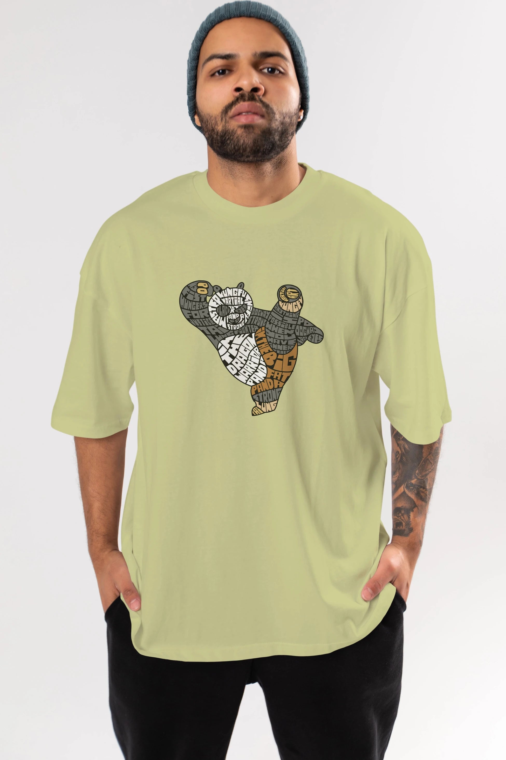 Warrior Panda Ön Baskılı Oversize t-shirt %100 pamuk Erkek Kadın Unisex