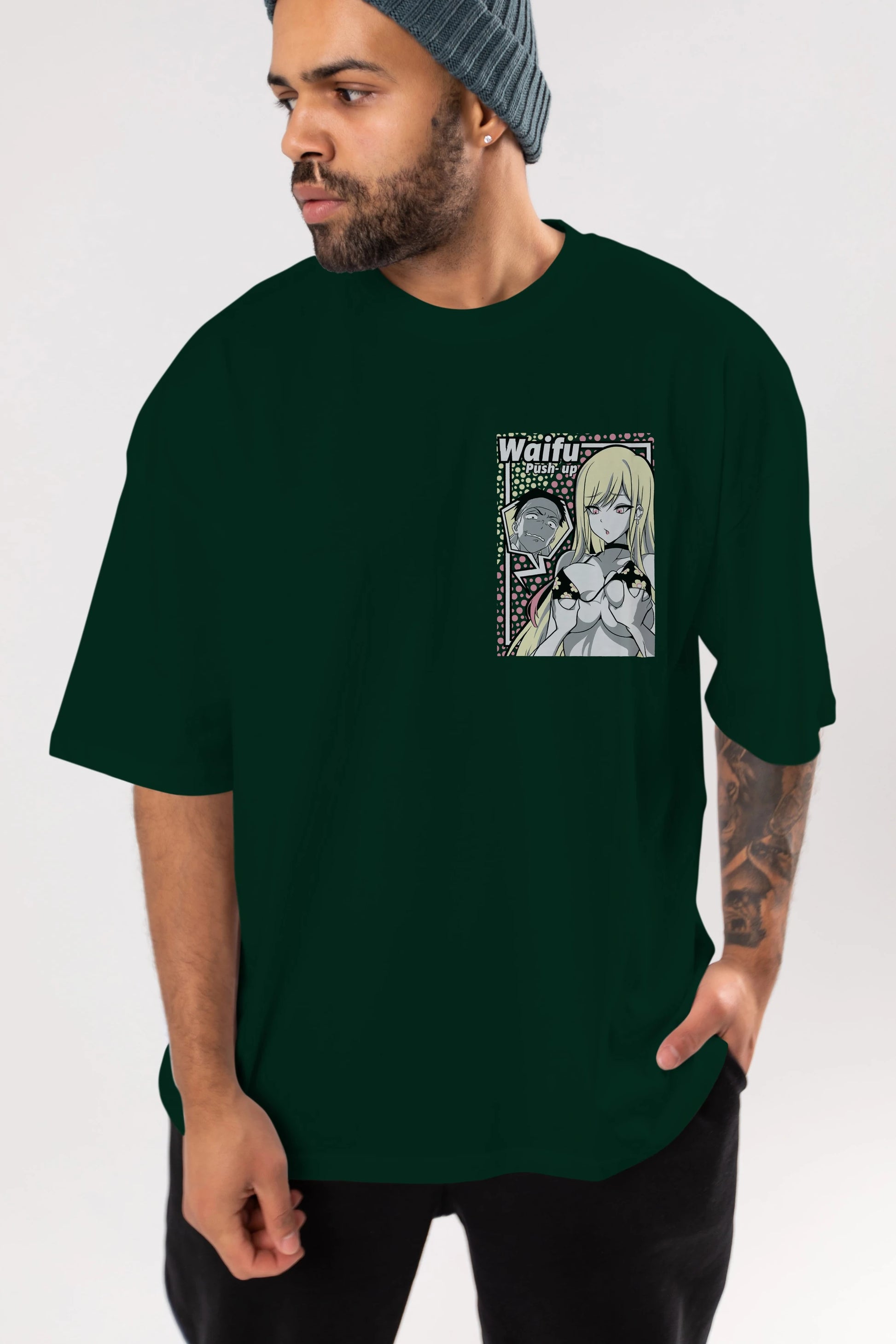 Waifu PushUp Ön Sol Baskılı Oversize t-shirt Erkek Kadın Unisex %100 Pamuk Bisiklet Yaka tişort