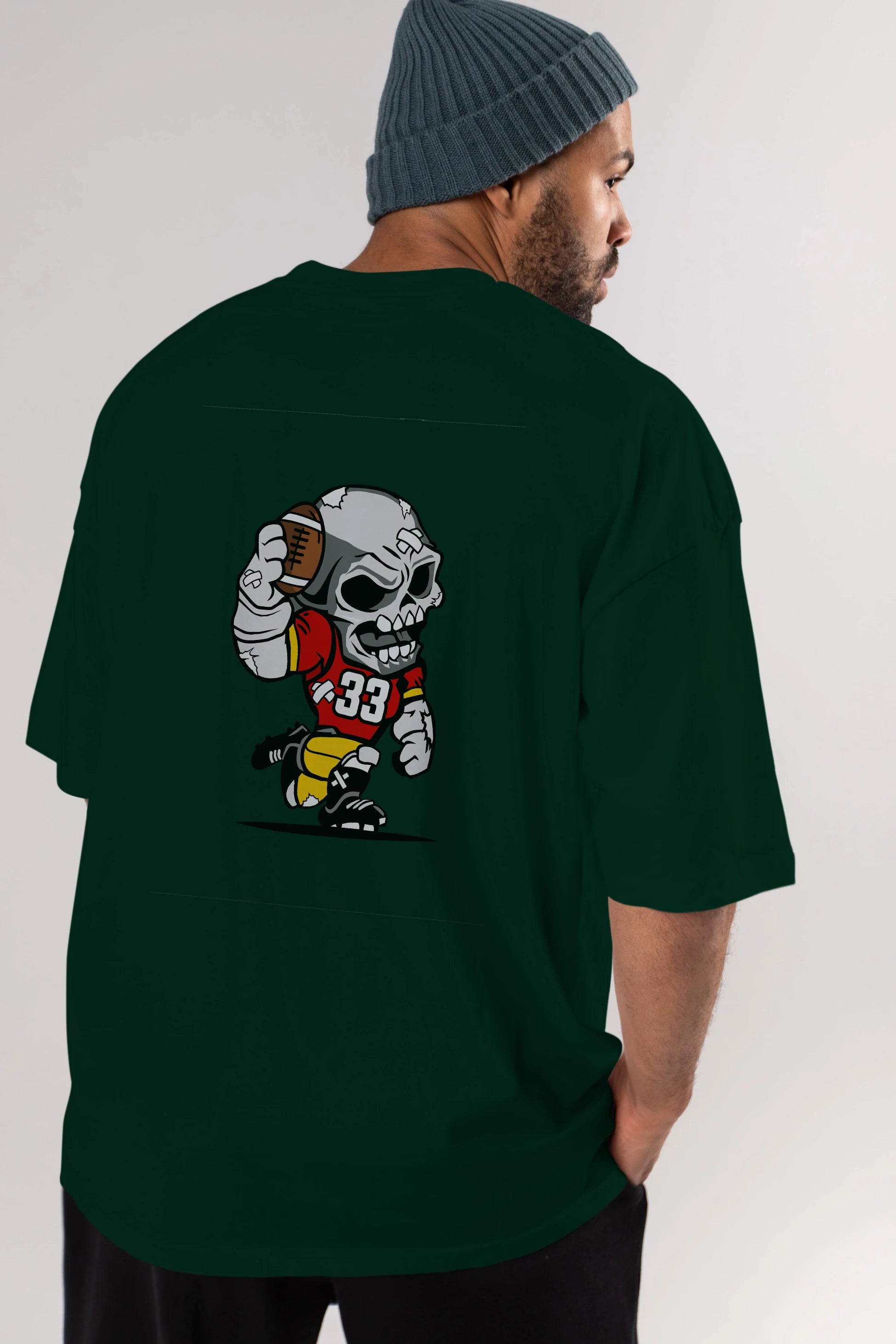 Skull Football Player Arka Baskılı Oversize t-shirt Erkek Kadın Unisex %100 Pamuk tişort