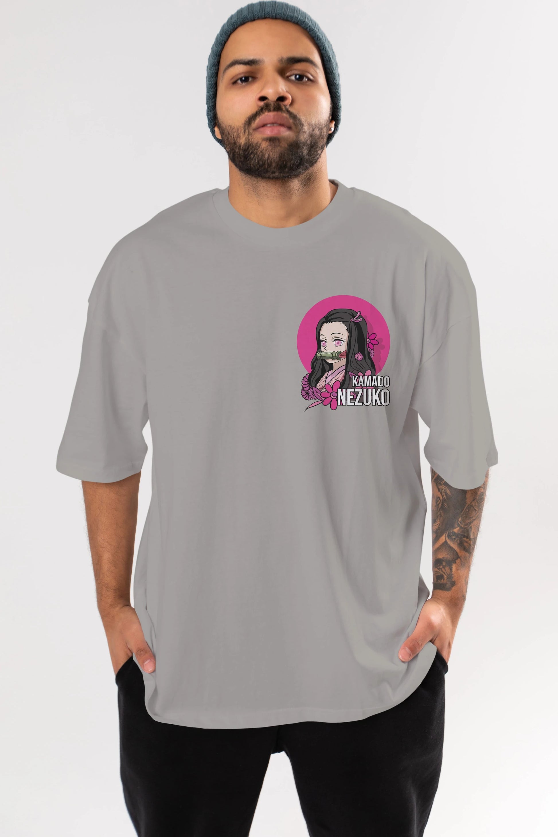 Nezuko Kamado 2 Ön Sol Baskılı Oversize t-shirt Erkek Kadın Unisex %100 Pamuk Bisiklet Yaka tişort
