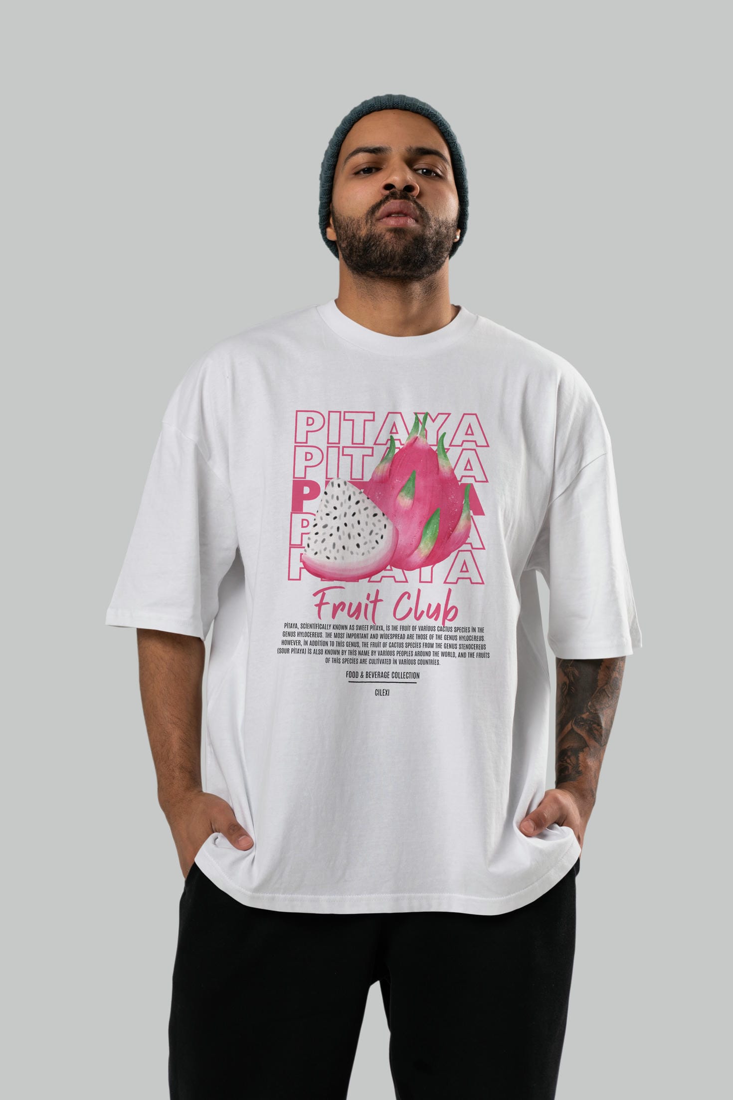 Pitaya Ön Baskılı Oversize t-shirt Erkek Kadın Pamuk Bisiklet Yaka tişort