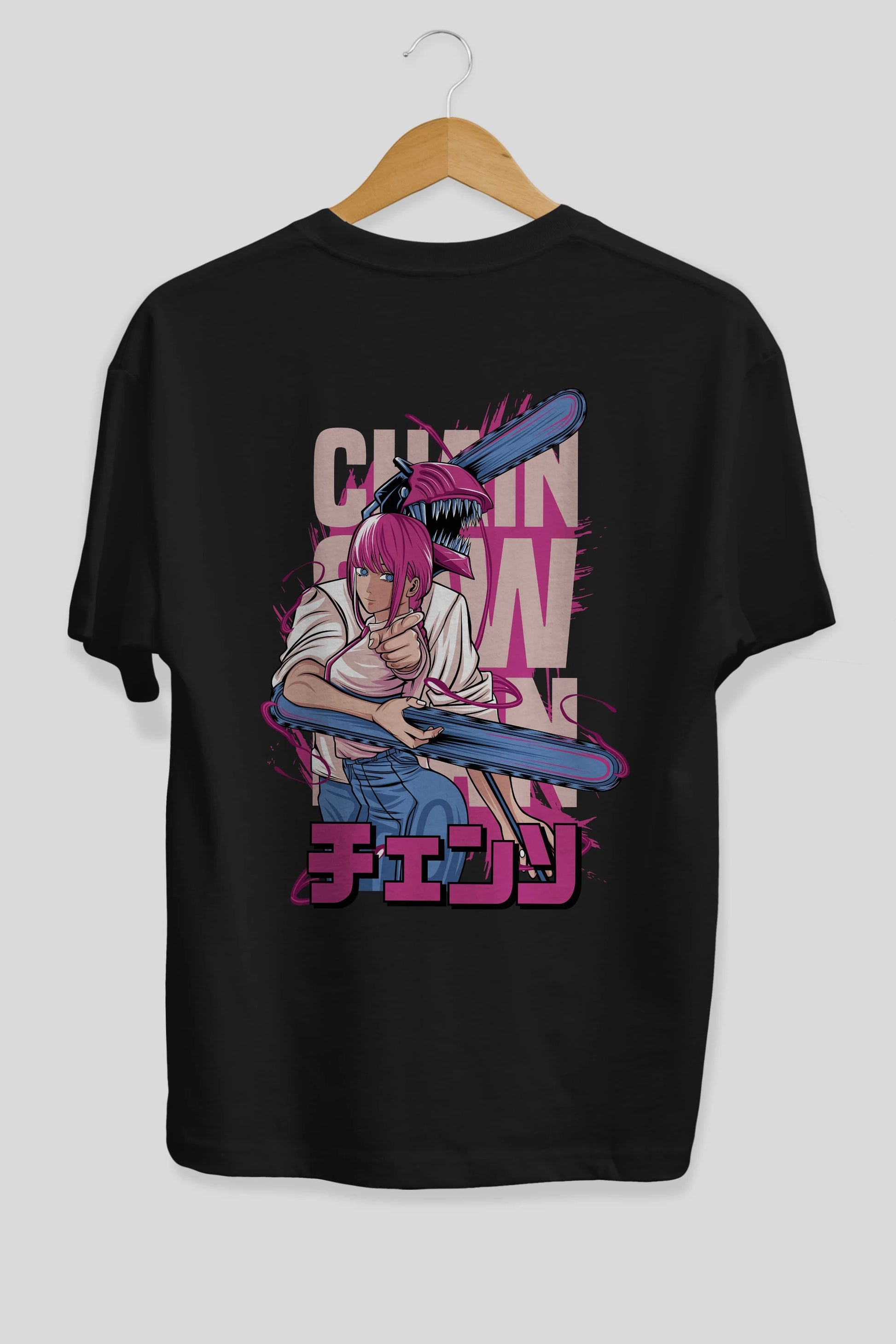 DENJI and MAKIMA Anime Arka Baskılı Oversize t-shirt Erkek Kadın Unisex