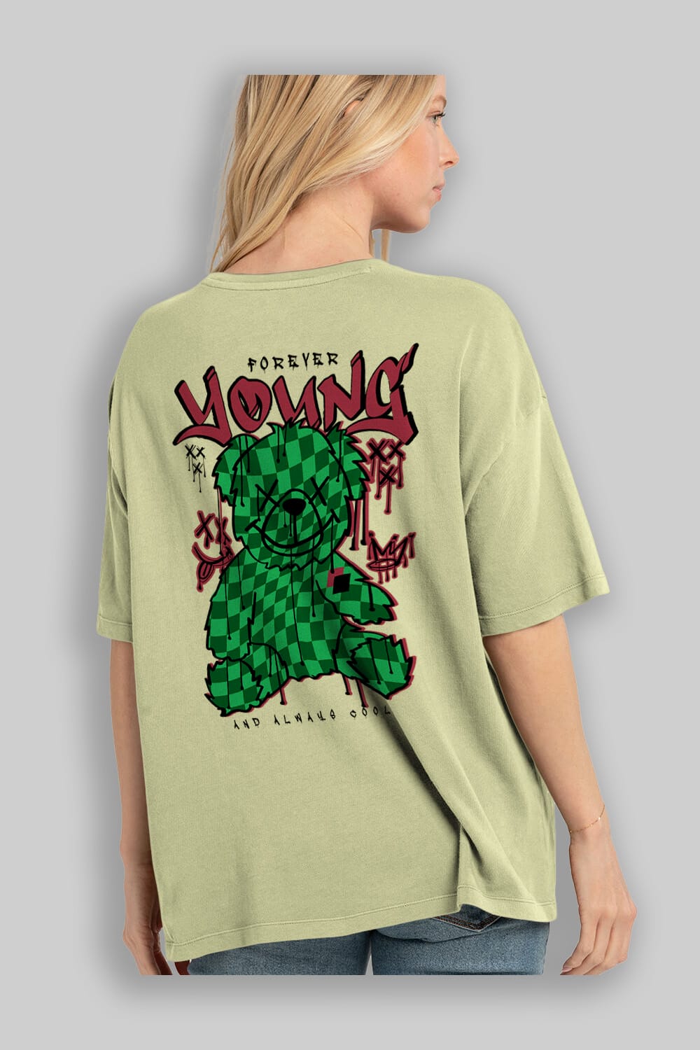 Young and Always Cool Bear Arka Baskılı Oversize t-shirt Erkek Kadın Unisex