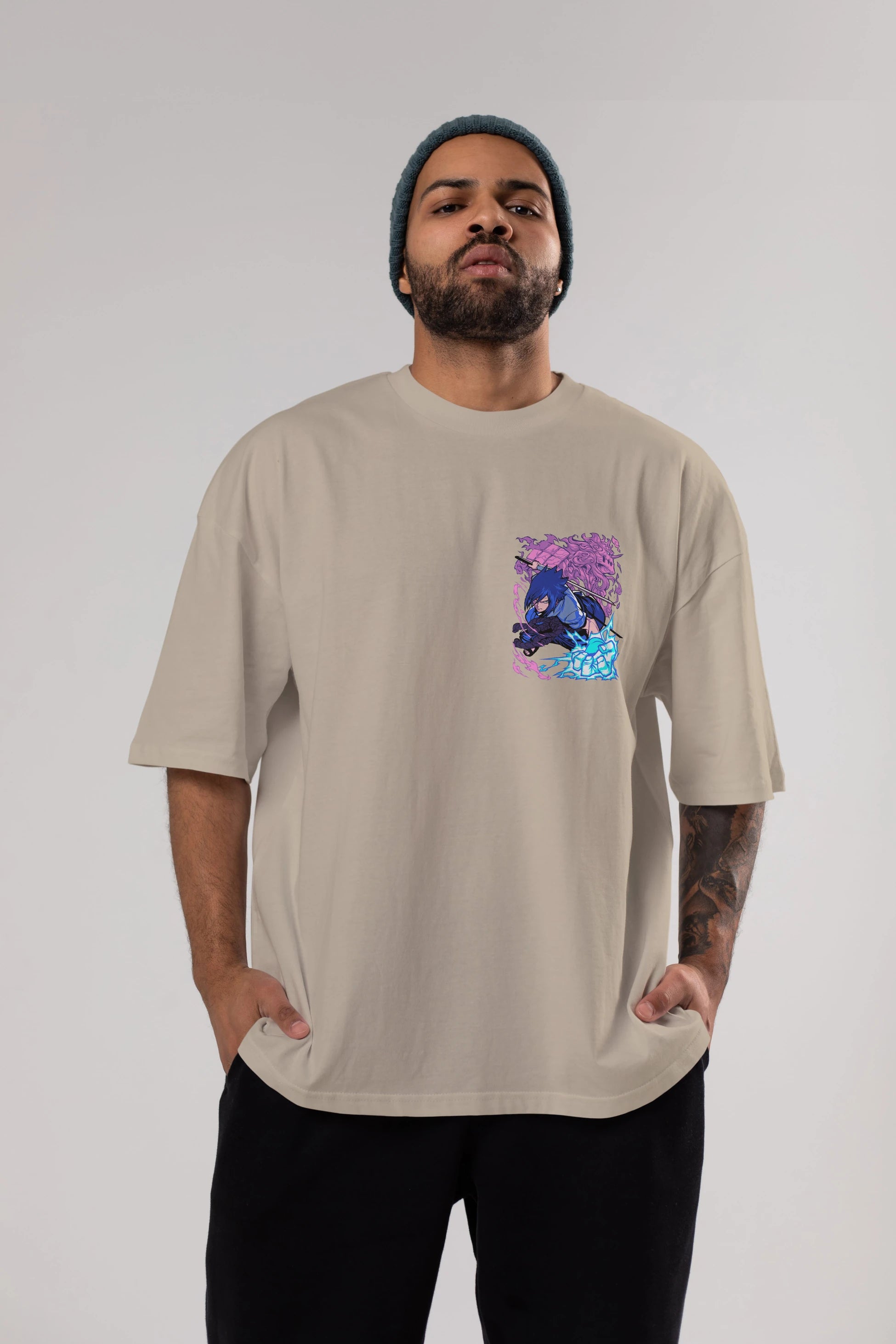 NARUTO SASUKE UCHIHA 2 Ön Sol Baskılı Oversize t-shirt Erkek Kadın Unisex %100 Pamuk Bisiklet Yaka tişort