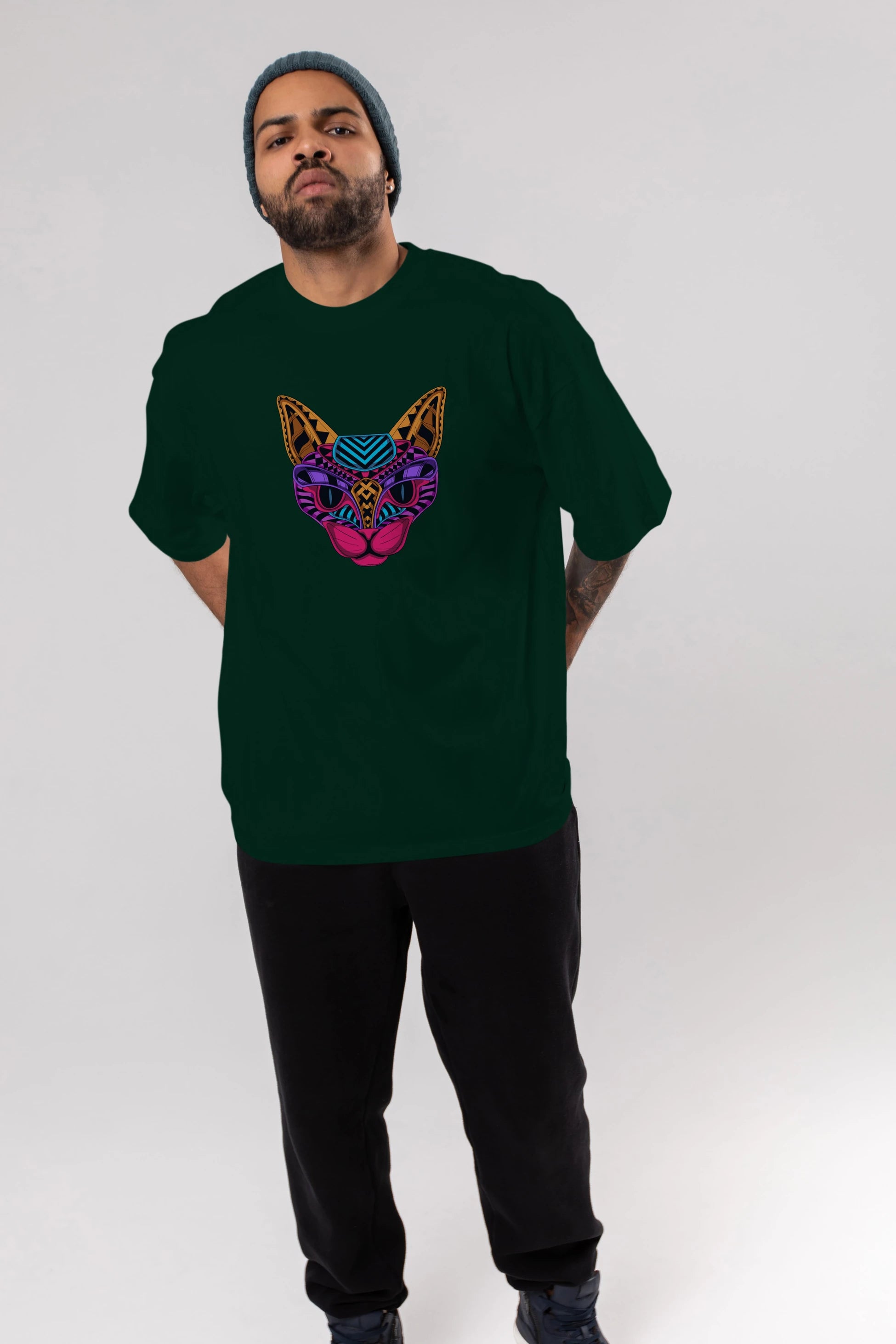 Black Neon Cat Ön Baskılı Oversize t-shirt Erkek Kadın Unisex