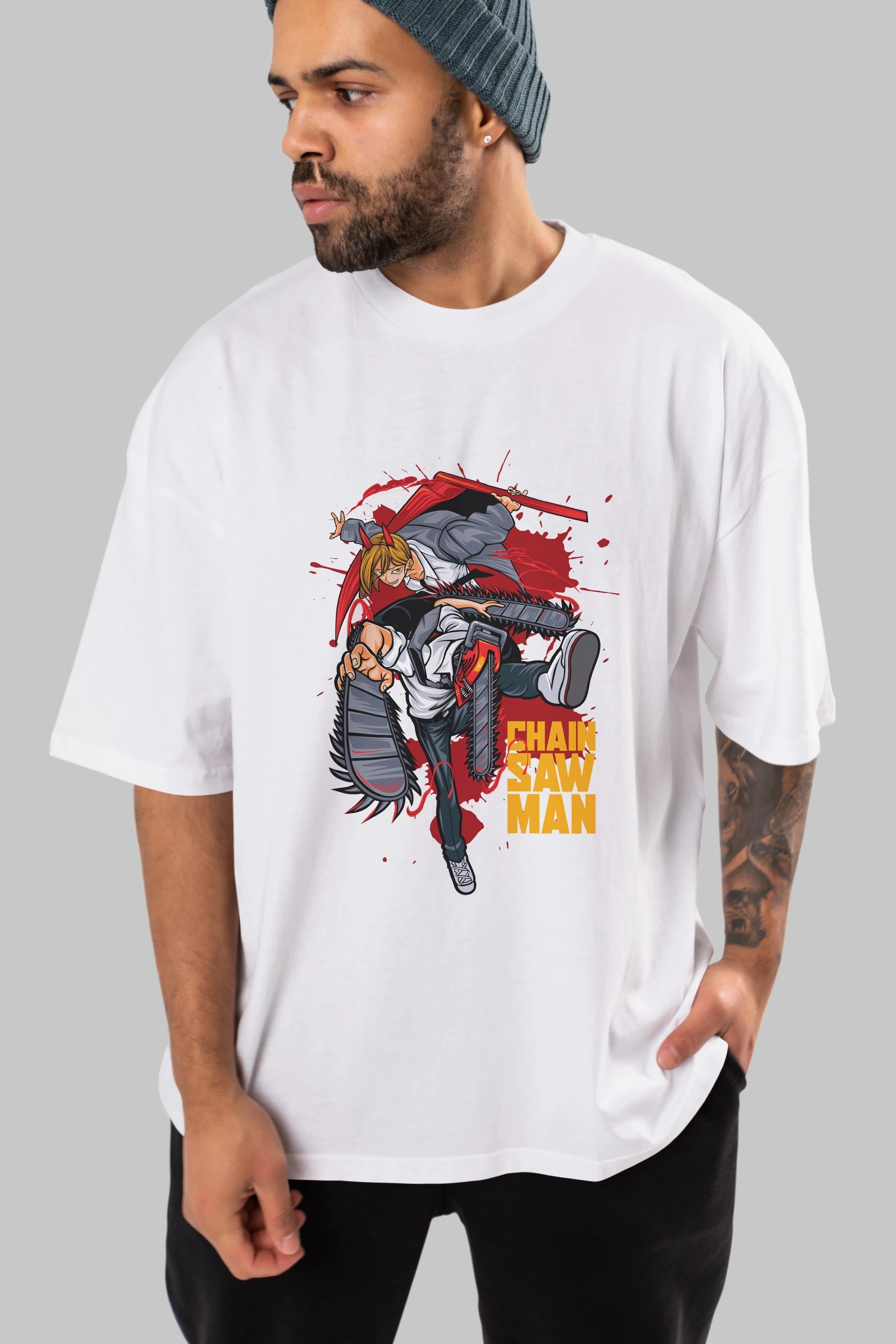DENJI and POWER Anime Ön Baskılı Oversize t-shirt %100 pamuk Erkek Kadın Unisex
