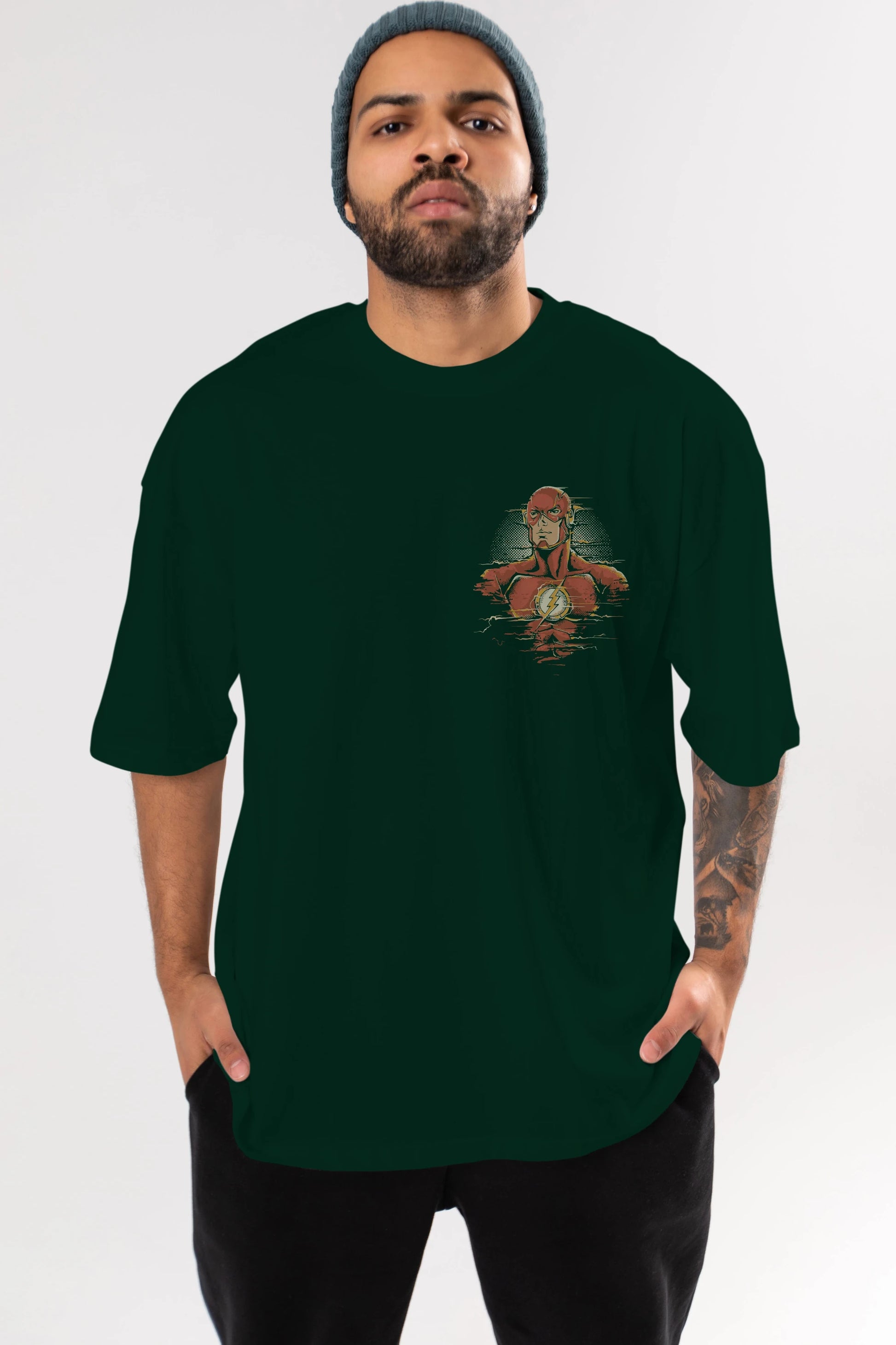 Flash Avengers Ön Sol Baskılı Oversize t-shirt Erkek Kadın Unisex %100 Pamuk Bisiklet Yaka tişort