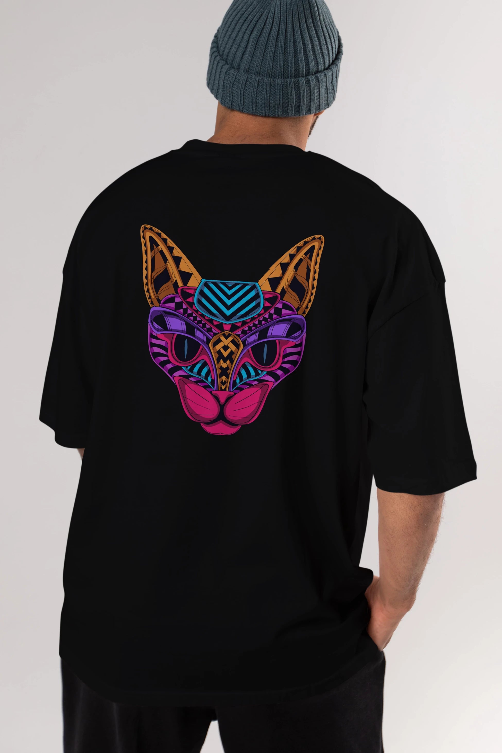 Black Neon Cat Arka Baskılı Oversize t-shirt Erkek Kadın Unisex