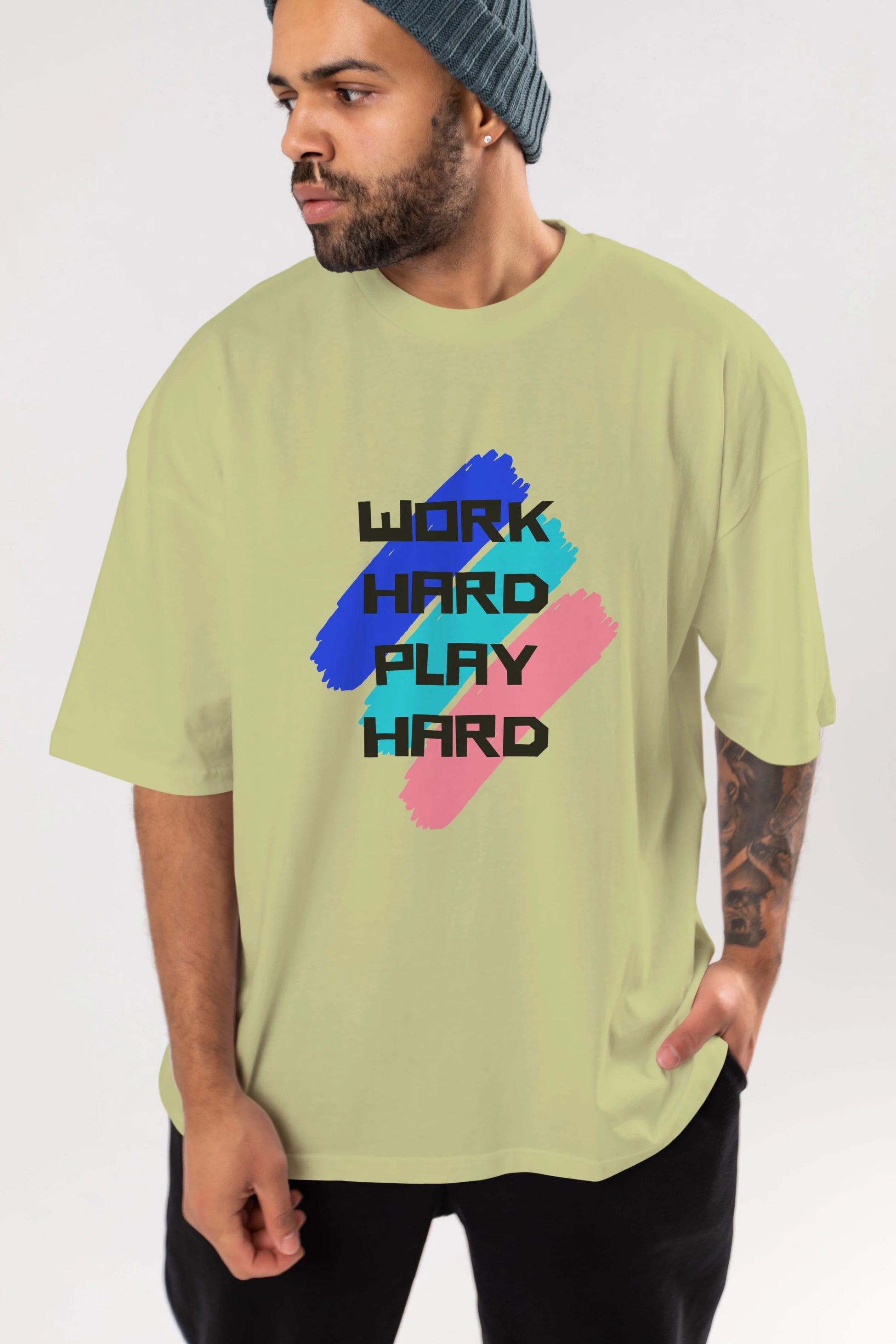 Work Hard Play Hard 2 Ön Baskılı Oversize t-shirt Erkek Kadın Unisex