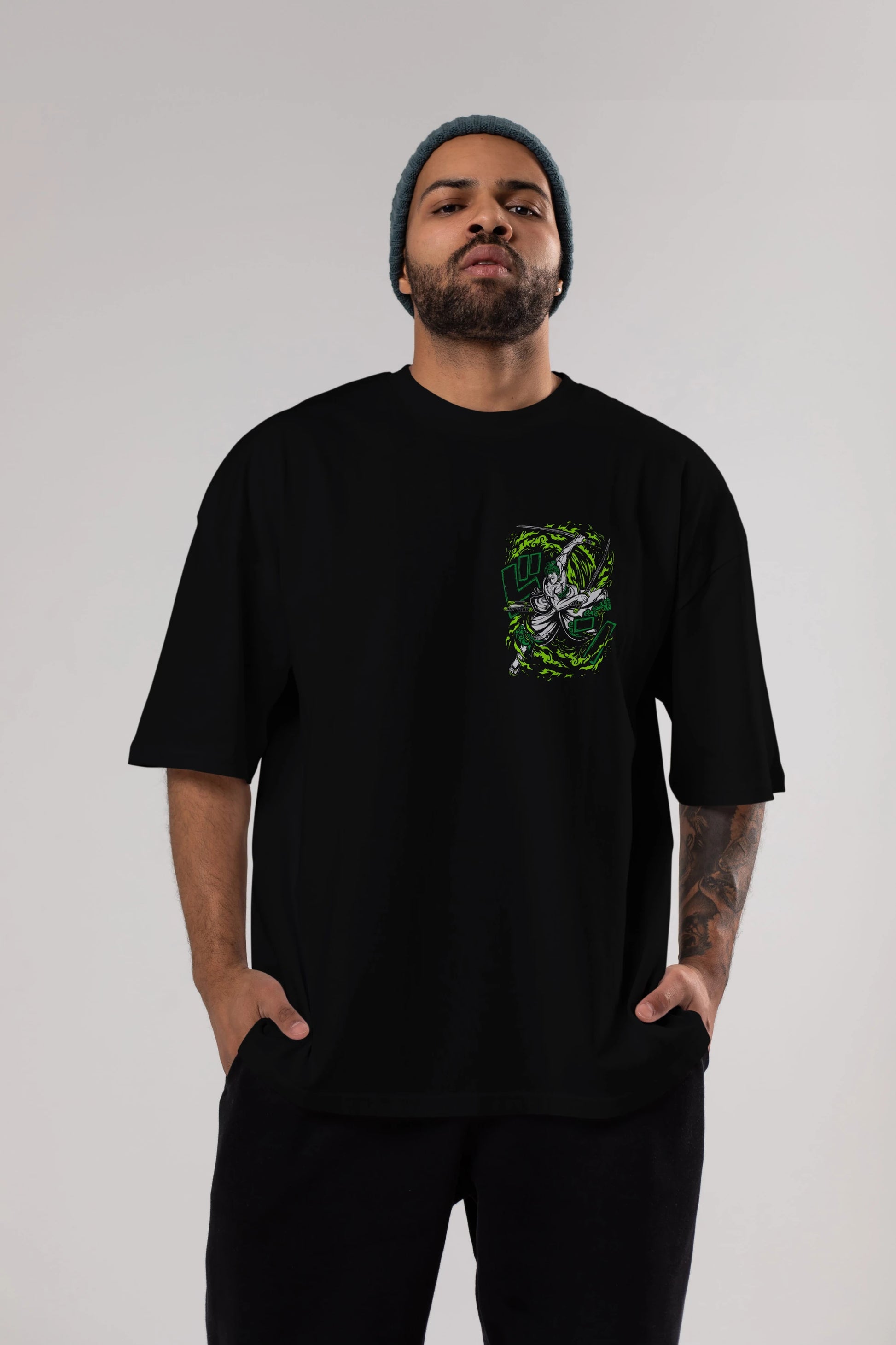 ZORO-ONE PIECE (2) Ön Sol Baskılı Oversize t-shirt Erkek Kadın Unisex %100 Pamuk Bisiklet Yaka tişort