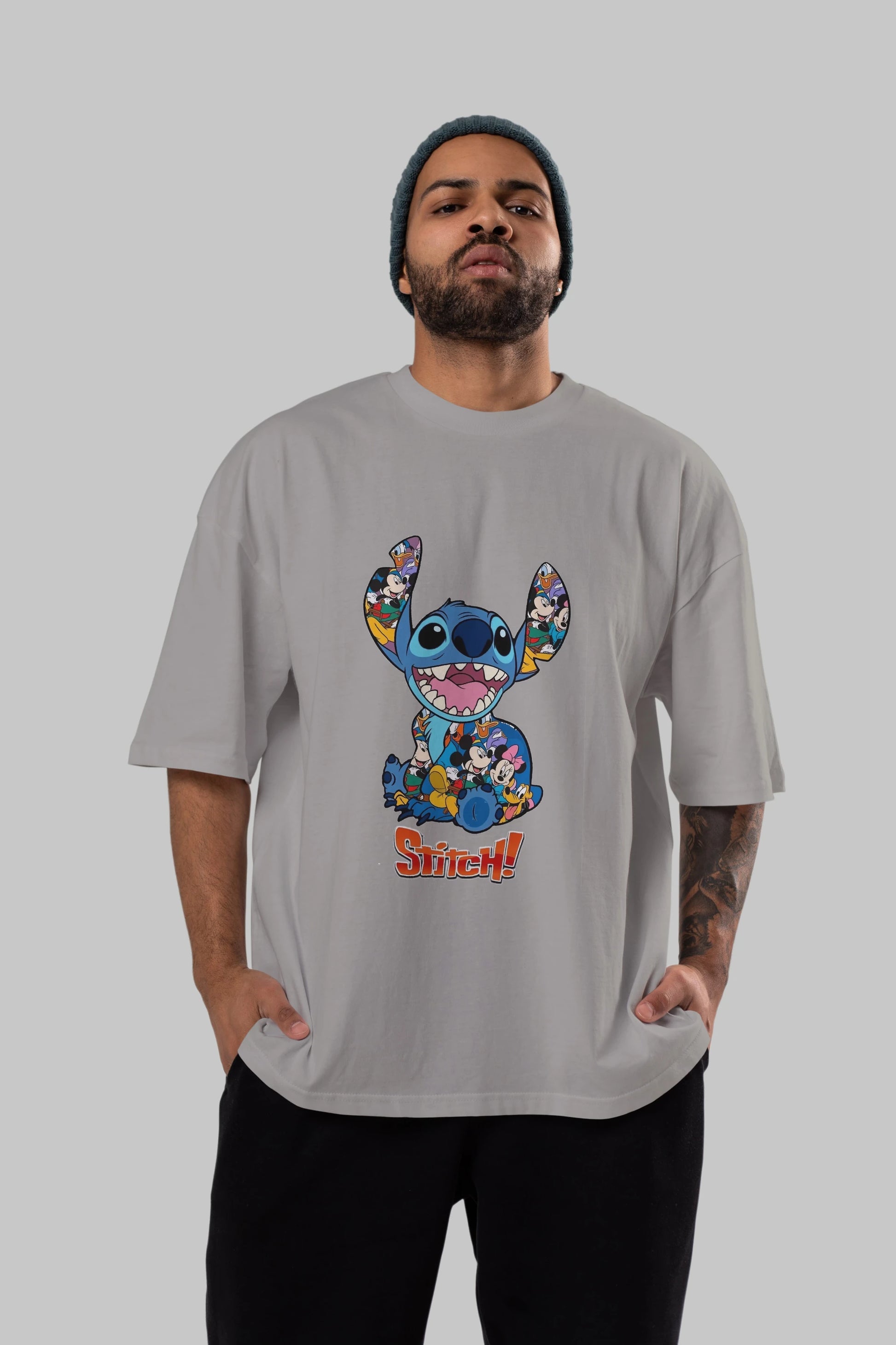 Stitch Ön Baskılı Oversize t-shirt Erkek Kadın Unisex %100 Pamuk Bisiklet Yaka tişort