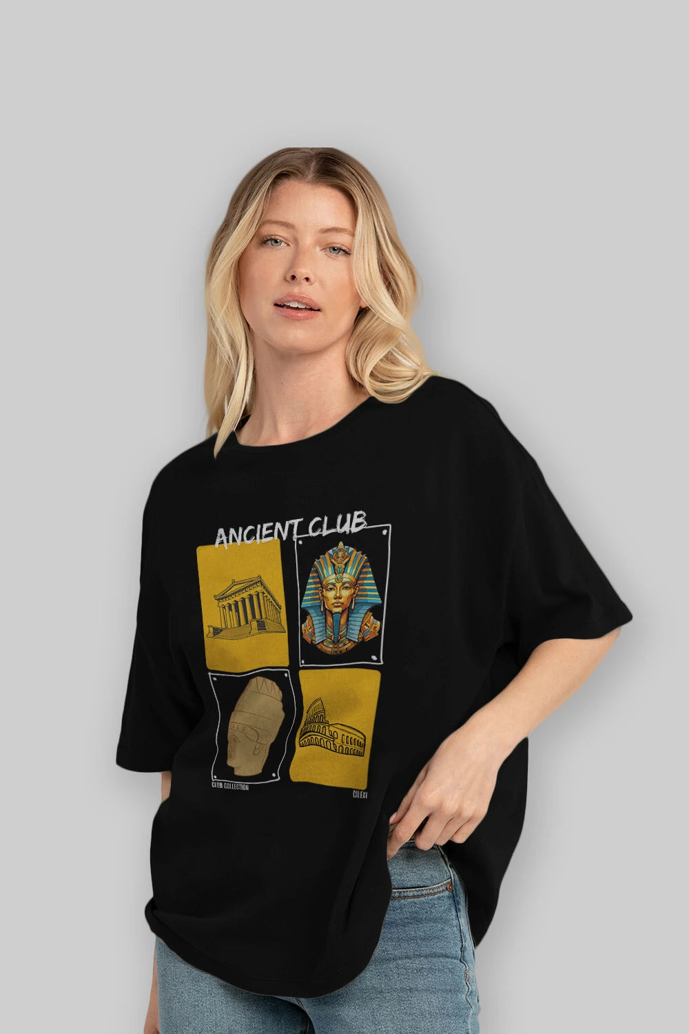 Ancient Club ön Baskılı Oversize t-shirt Erkek Kadın %100 Pamuk Bisiklet Yaka tişort