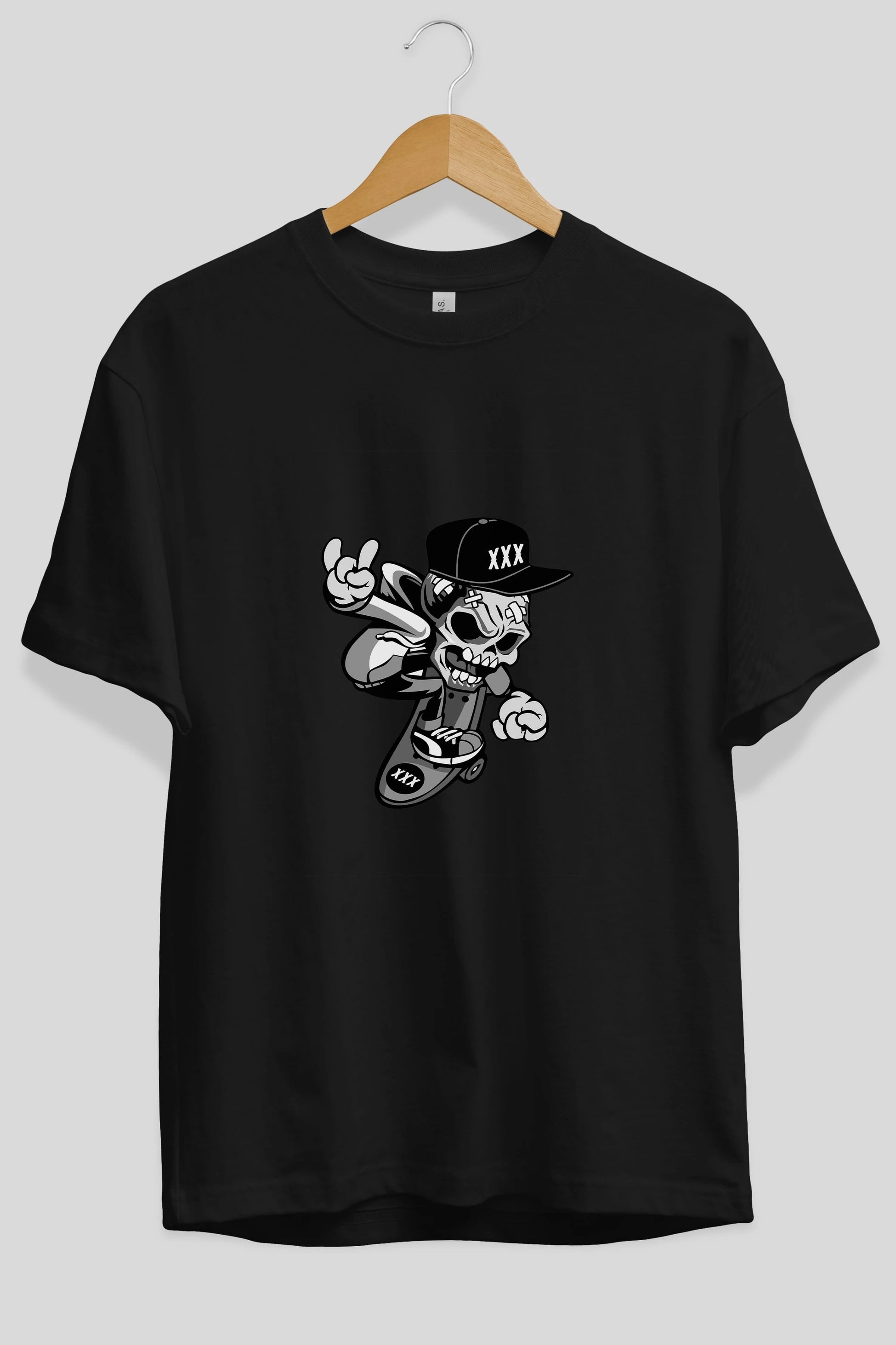 Skull Skateboard Ön Baskılı Oversize t-shirt Erkek Kadın Unisex %100 Pamuk tişort