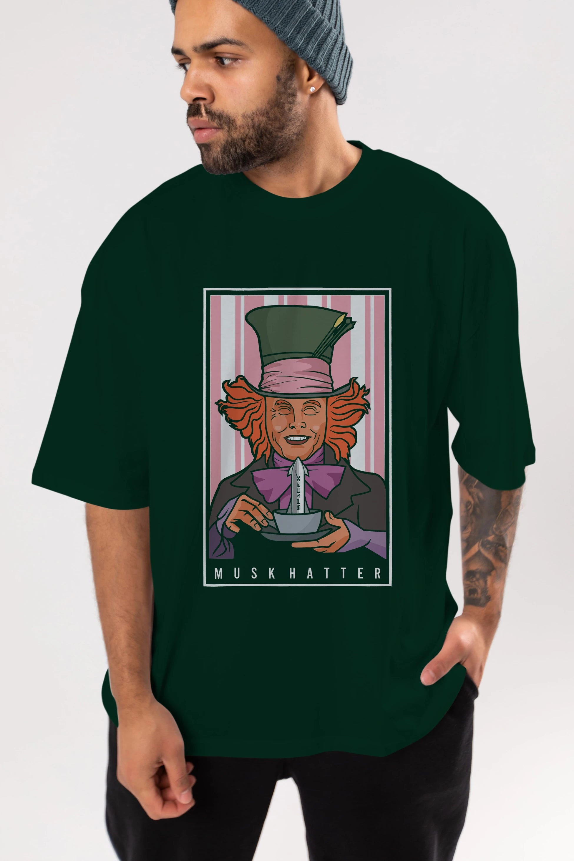 Mad Hatter Elon Musk Ön Baskılı Oversize t-shirt Erkek Kadın Unisex %100 Pamuk tişort