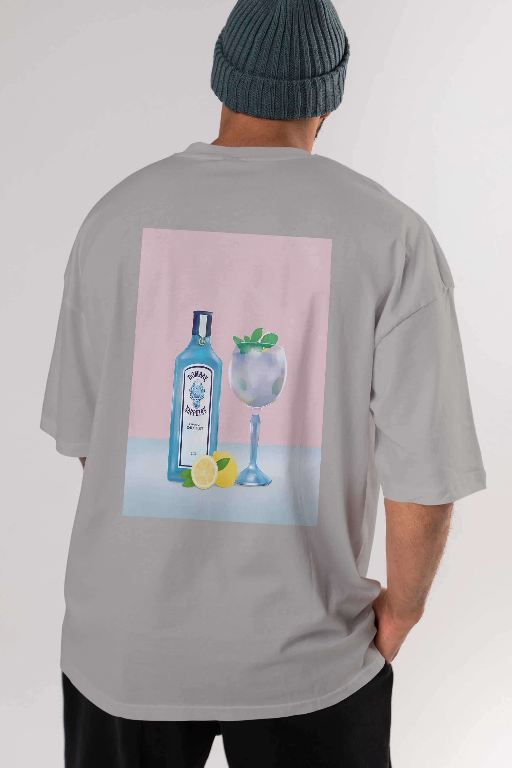 Bombay Sapphire Dry Gin Arka Baskılı Oversize t-shirt Erkek Kadın Unisex %100 Pamuk Bisiklet Yaka tişort