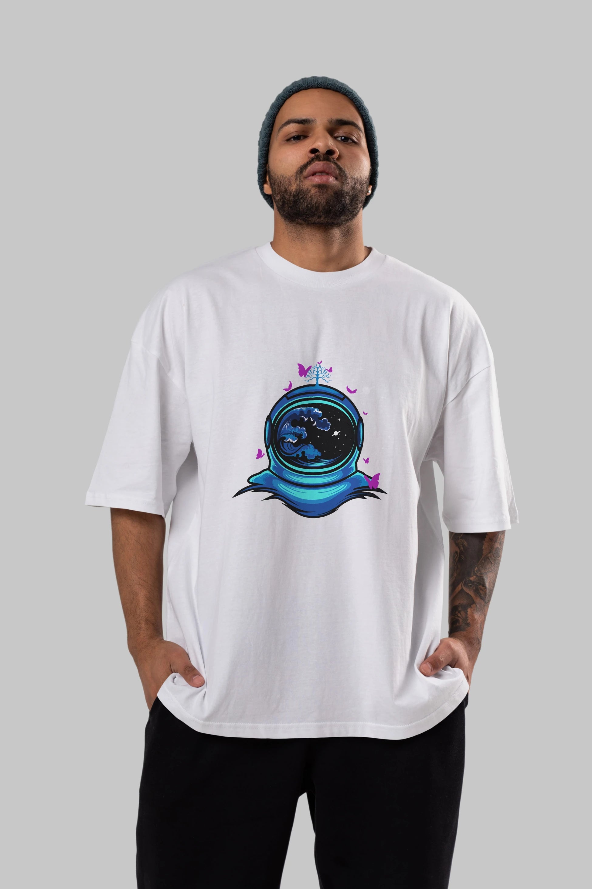 Astronaut and Butterfly Ön Baskılı Oversize t-shirt Erkek Kadın Unisex