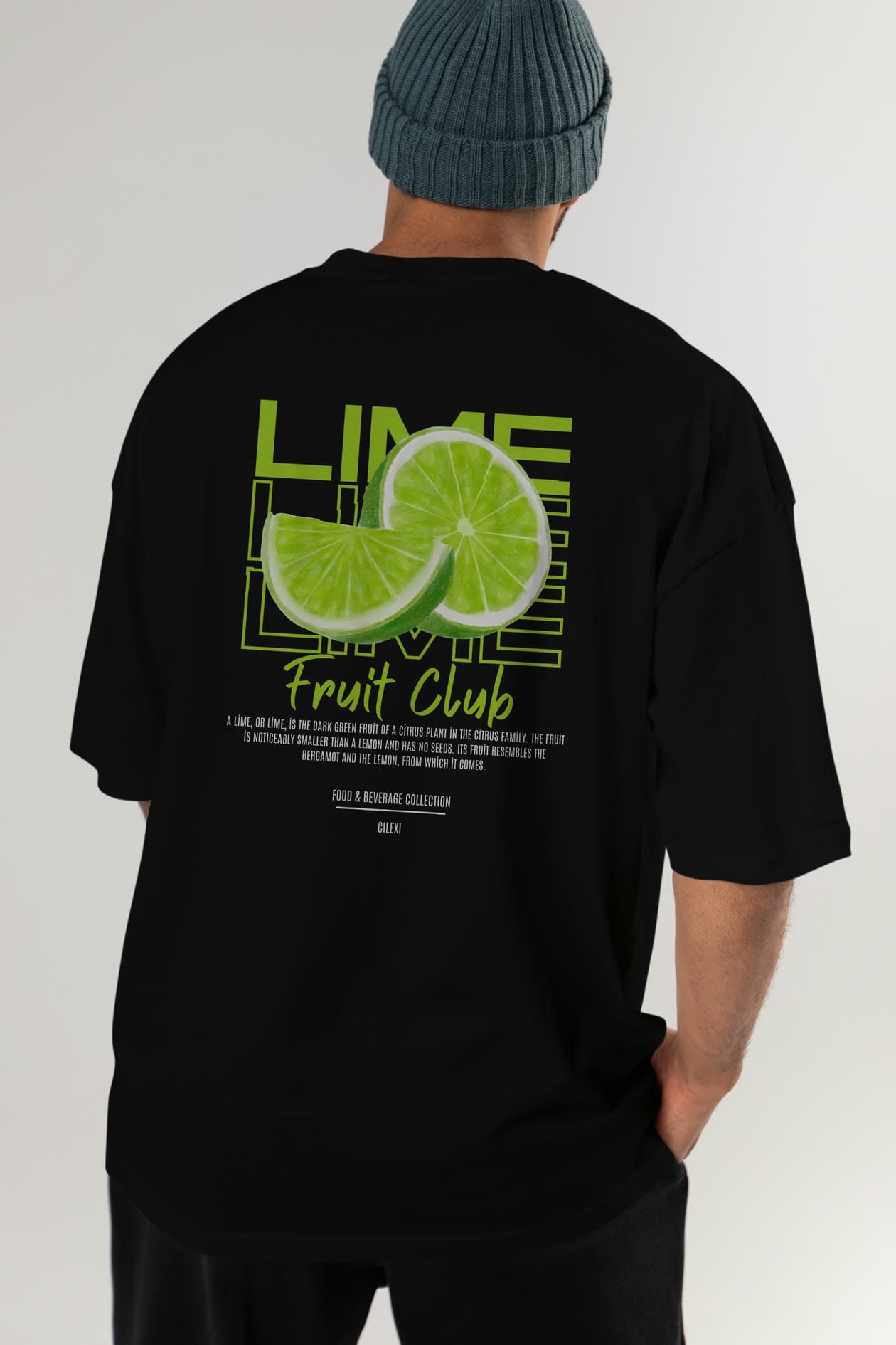 Lime Arka Baskılı Oversize t-shirt Erkek Kadın Pamuk Bisiklet Yaka tişort