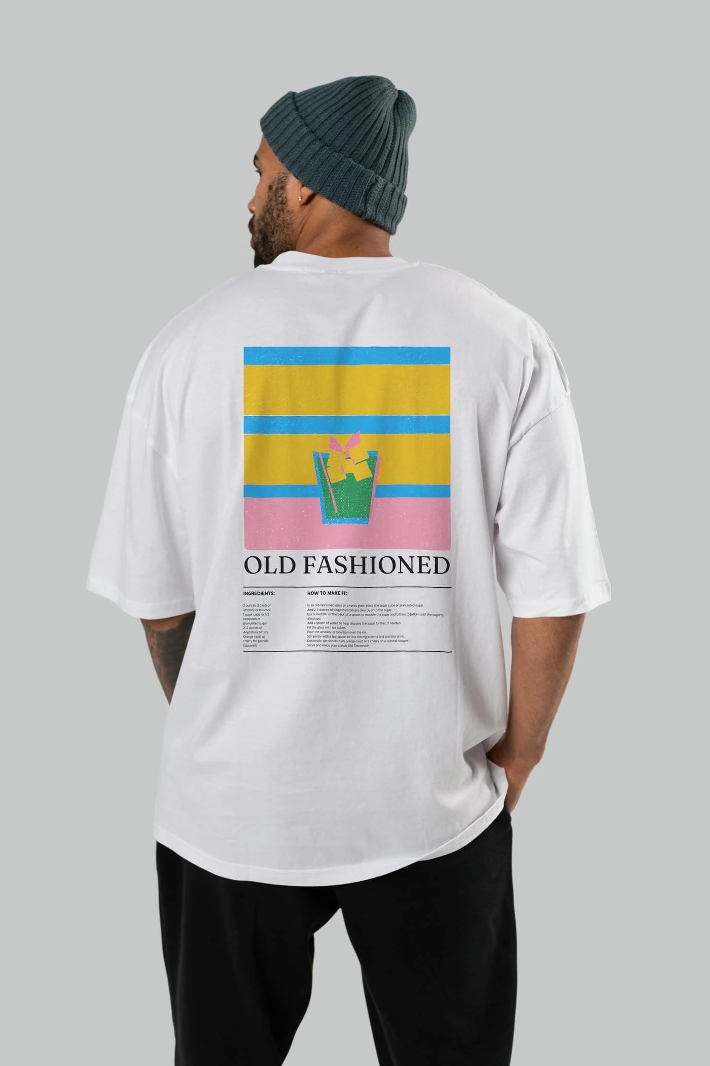 Old Fashioned Kokteyl Serisi Arka Baskılı Oversize t-shirt Erkek Kadın %100 Pamuk Bisiklet Yaka tişort