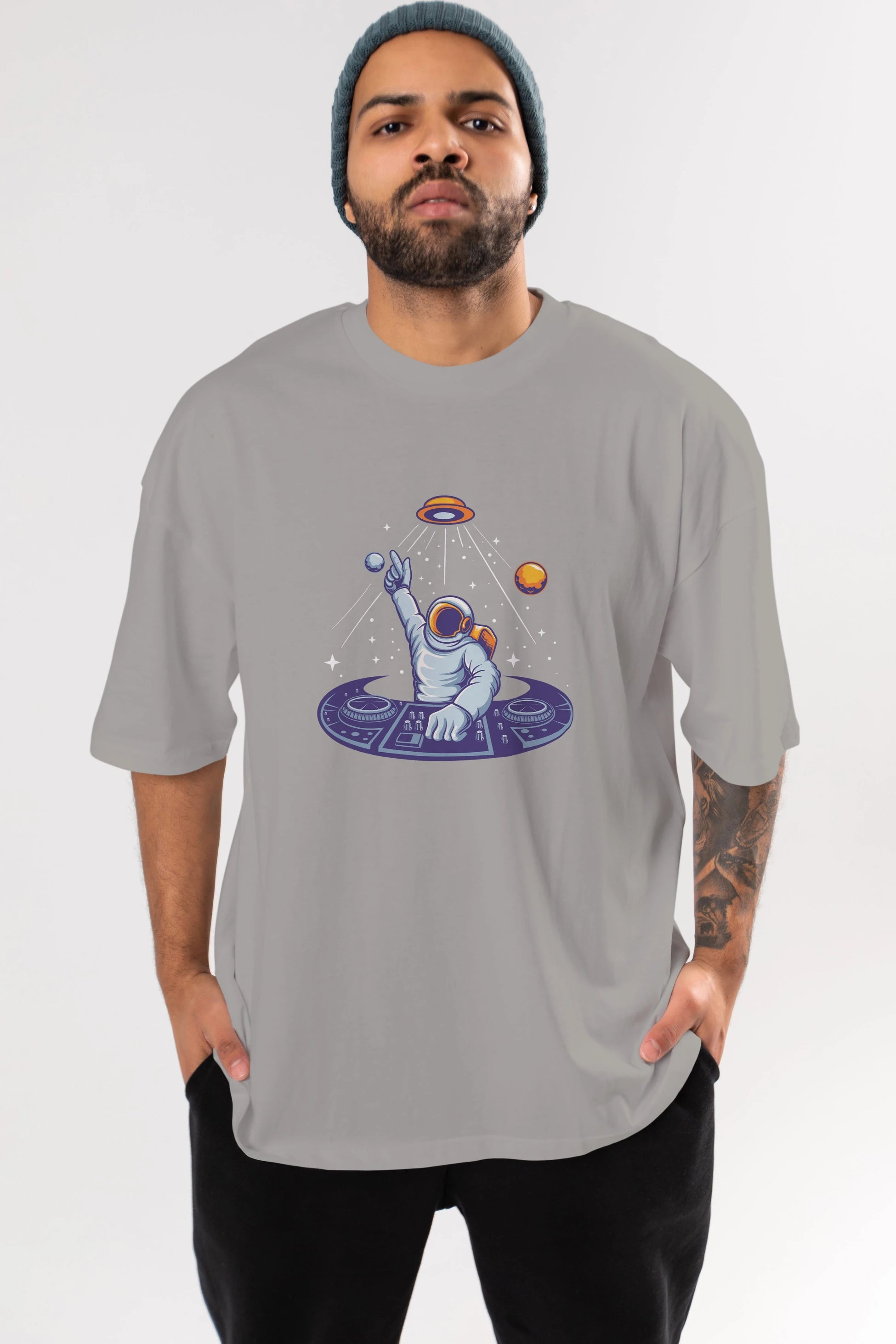Astronaut Disk Jockey Party Ön Baskılı Oversize t-shirt Erkek Kadın Unisex