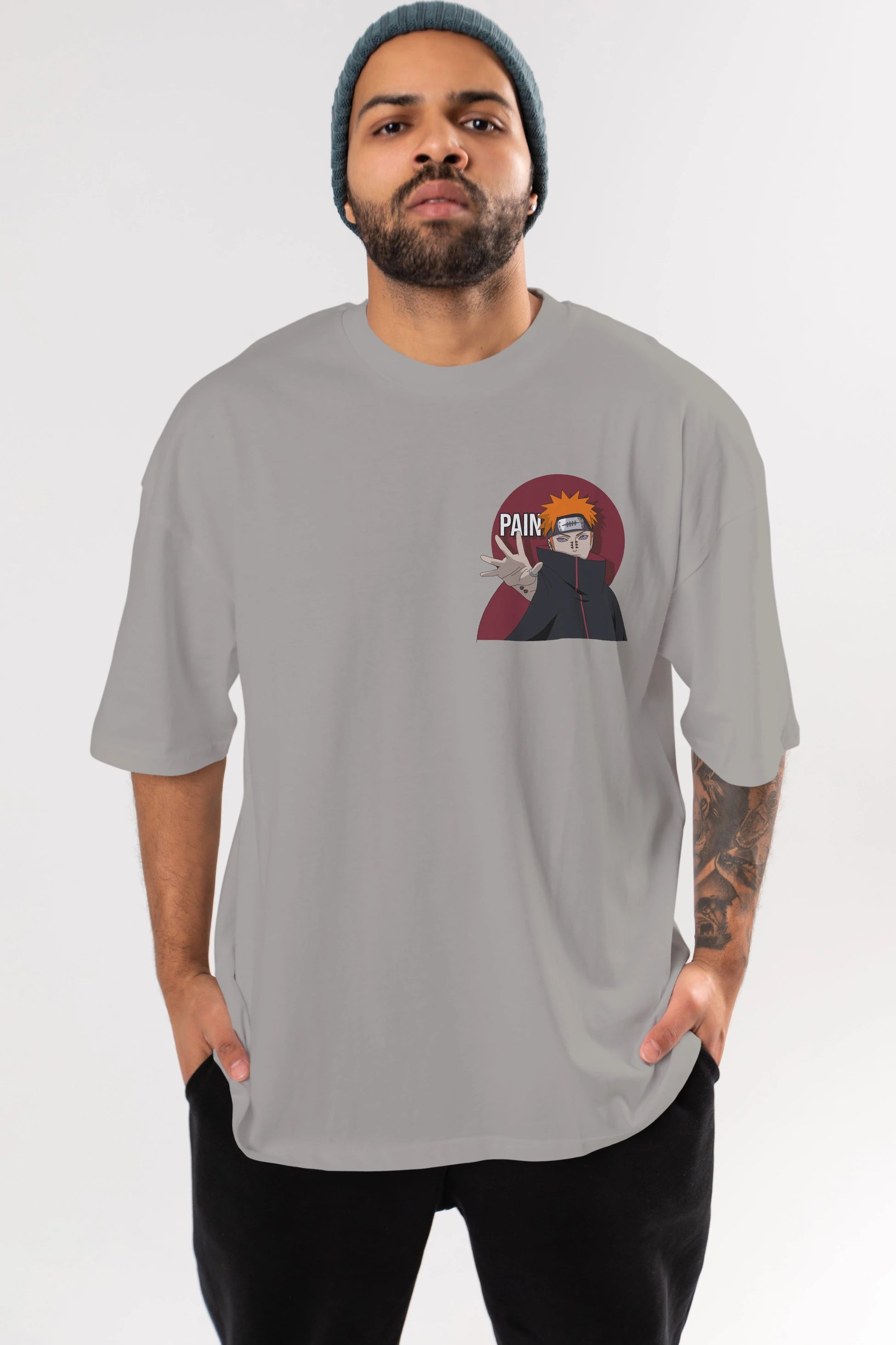 PAIN NARUTO Ön Sol Baskılı Oversize t-shirt Erkek Kadın Unisex %100 Pamuk Bisiklet Yaka tişort