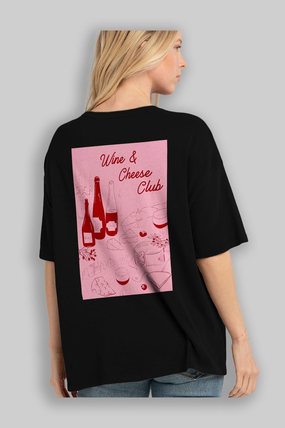 Wine Cheese Club Arka Baskılı Oversize t-shirt Erkek Kadın Unisex %100 Pamuk Bisiklet Yaka tişort