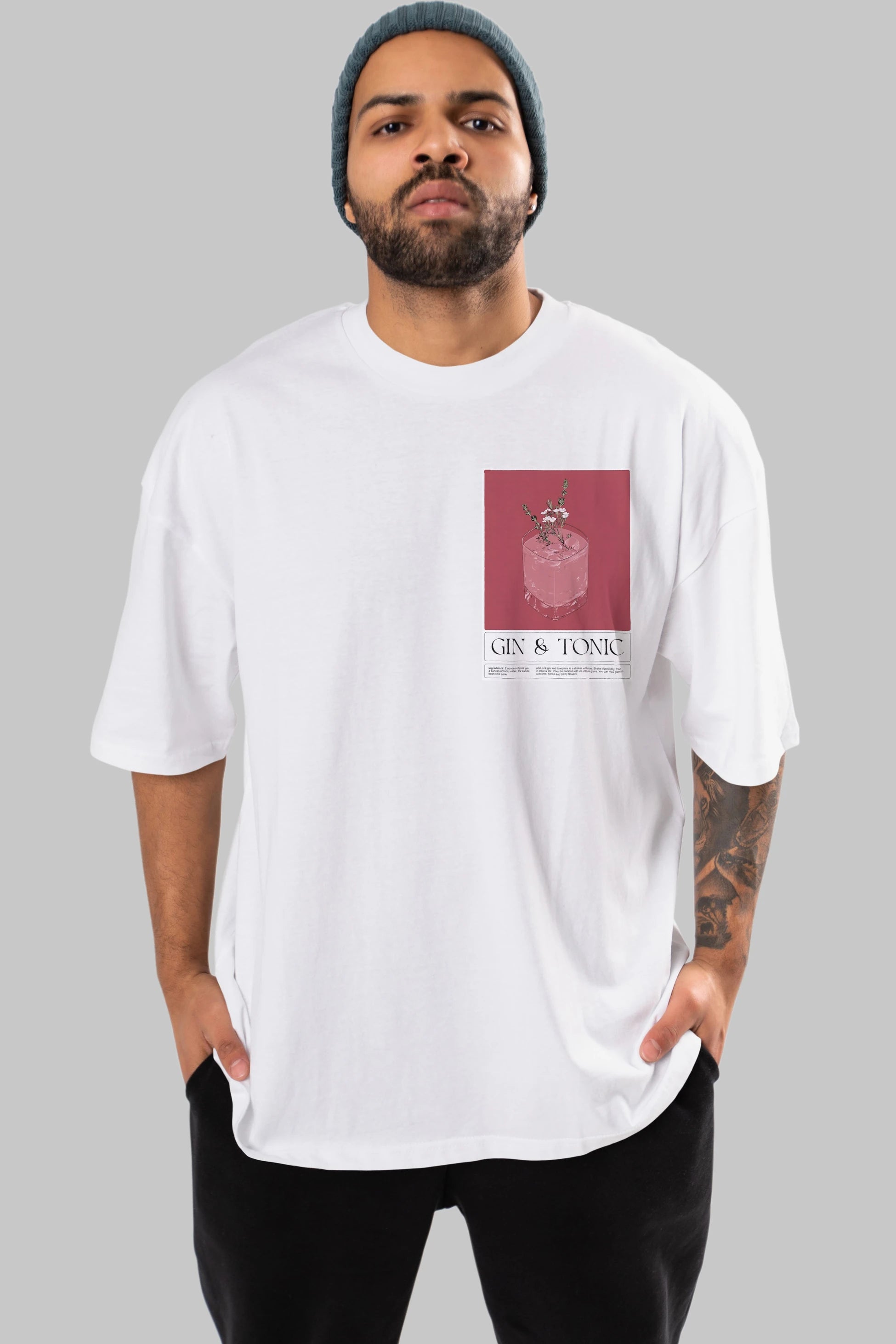 Gin Tonic 4 Ön Sol Baskılı Oversize t-shirt Erkek Kadın Unisex %100 Pamuk Bisiklet Yaka tişort