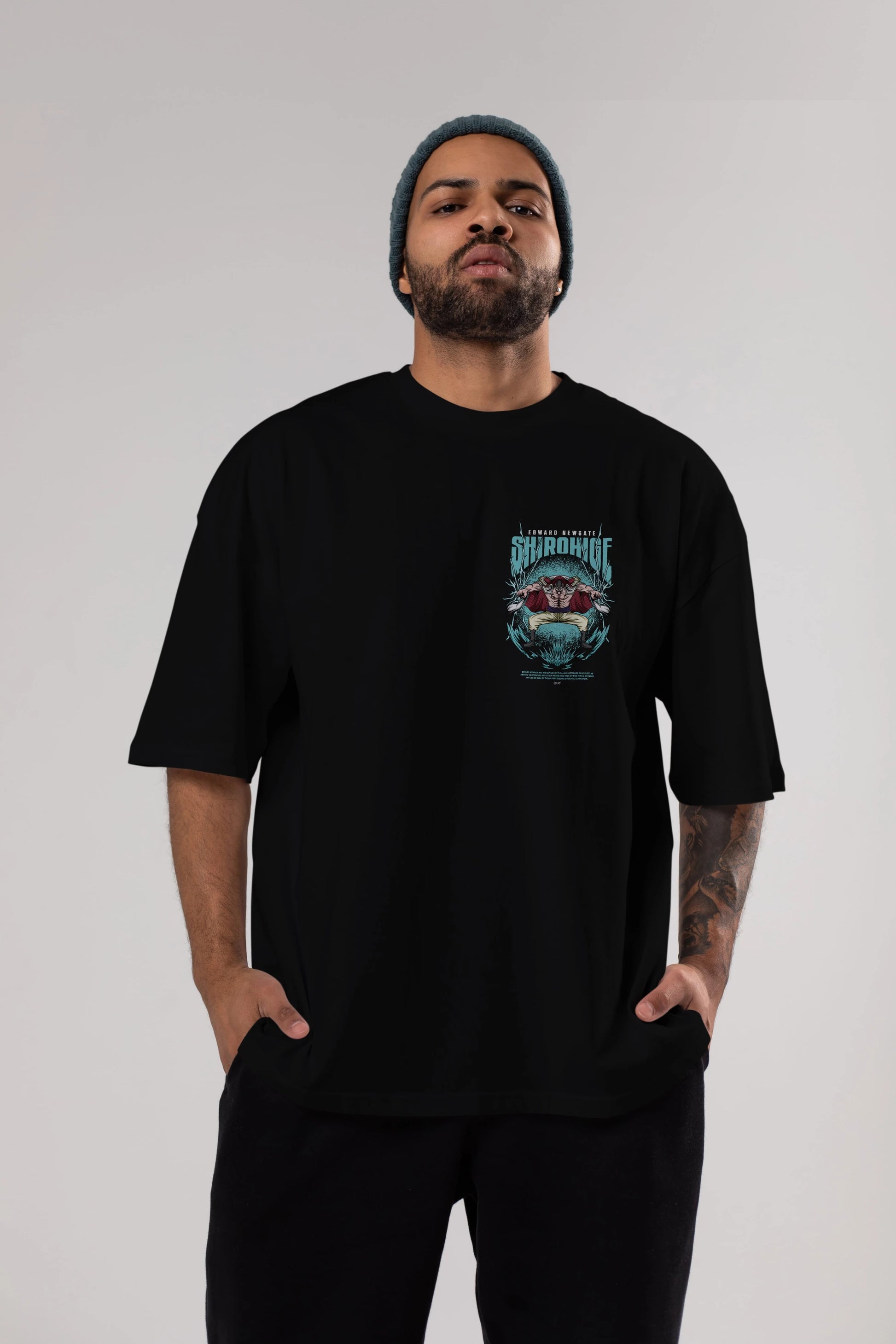 Shirohige Ön Sol Baskılı Oversize t-shirt Erkek Kadın Unisex %100 Pamuk Bisiklet Yaka tişort