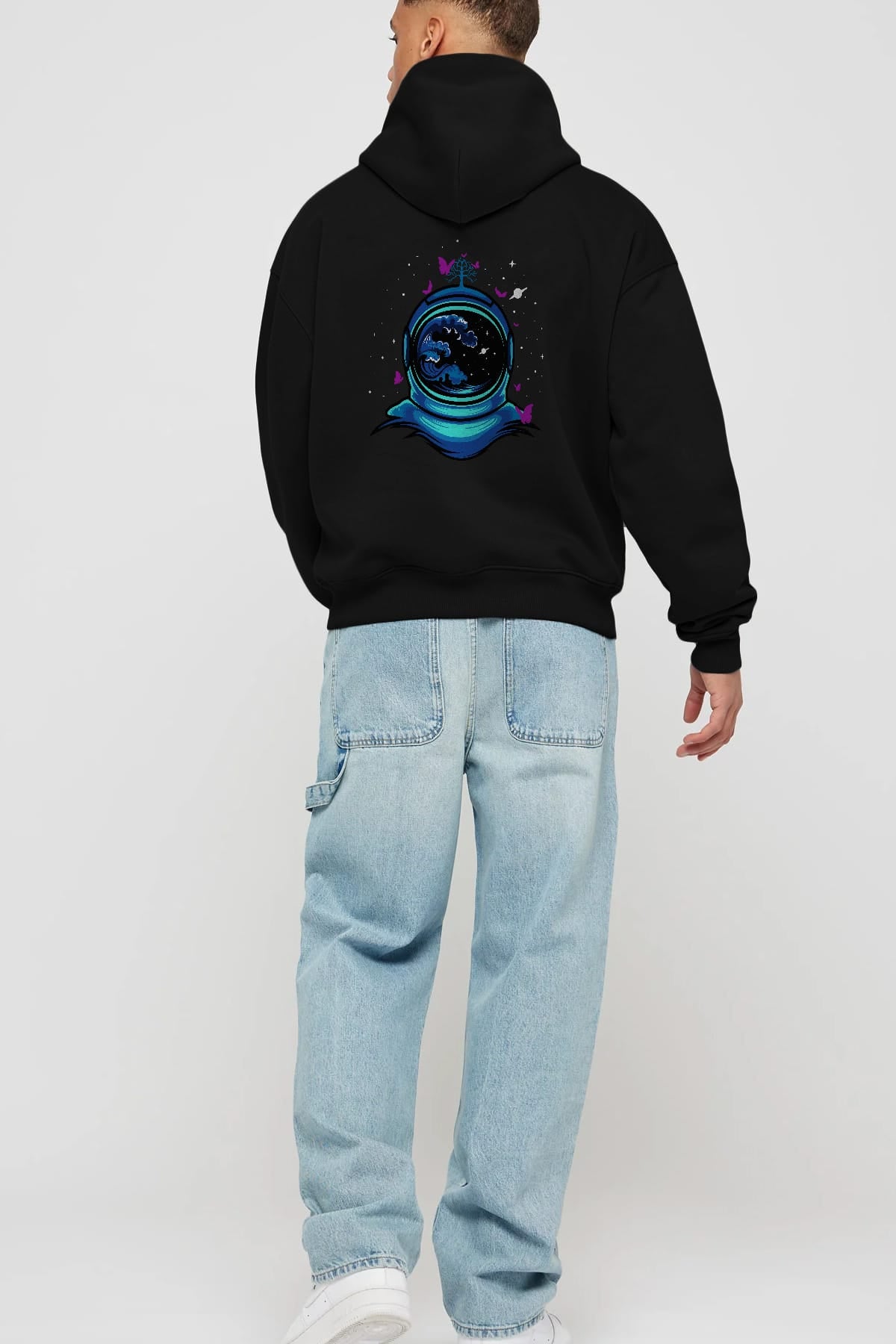 Astronaut and Butterfly Arka Baskılı Hoodie Oversize Kapüşonlu Sweatshirt Erkek Kadın Unisex