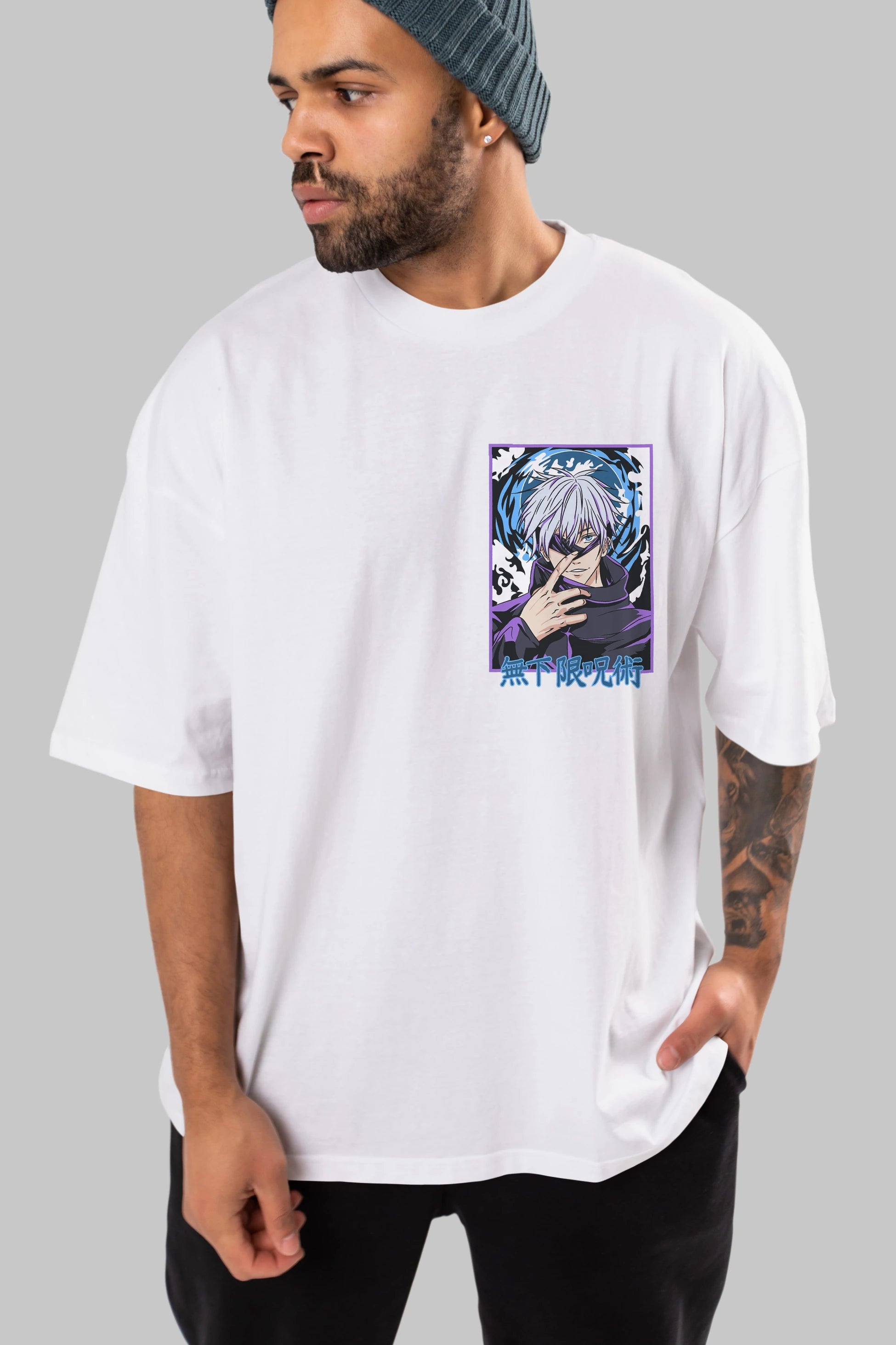 SATORU GOJO 3 Ön Sol Baskılı Oversize t-shirt Erkek Kadın Unisex %100 Pamuk Bisiklet Yaka tişort