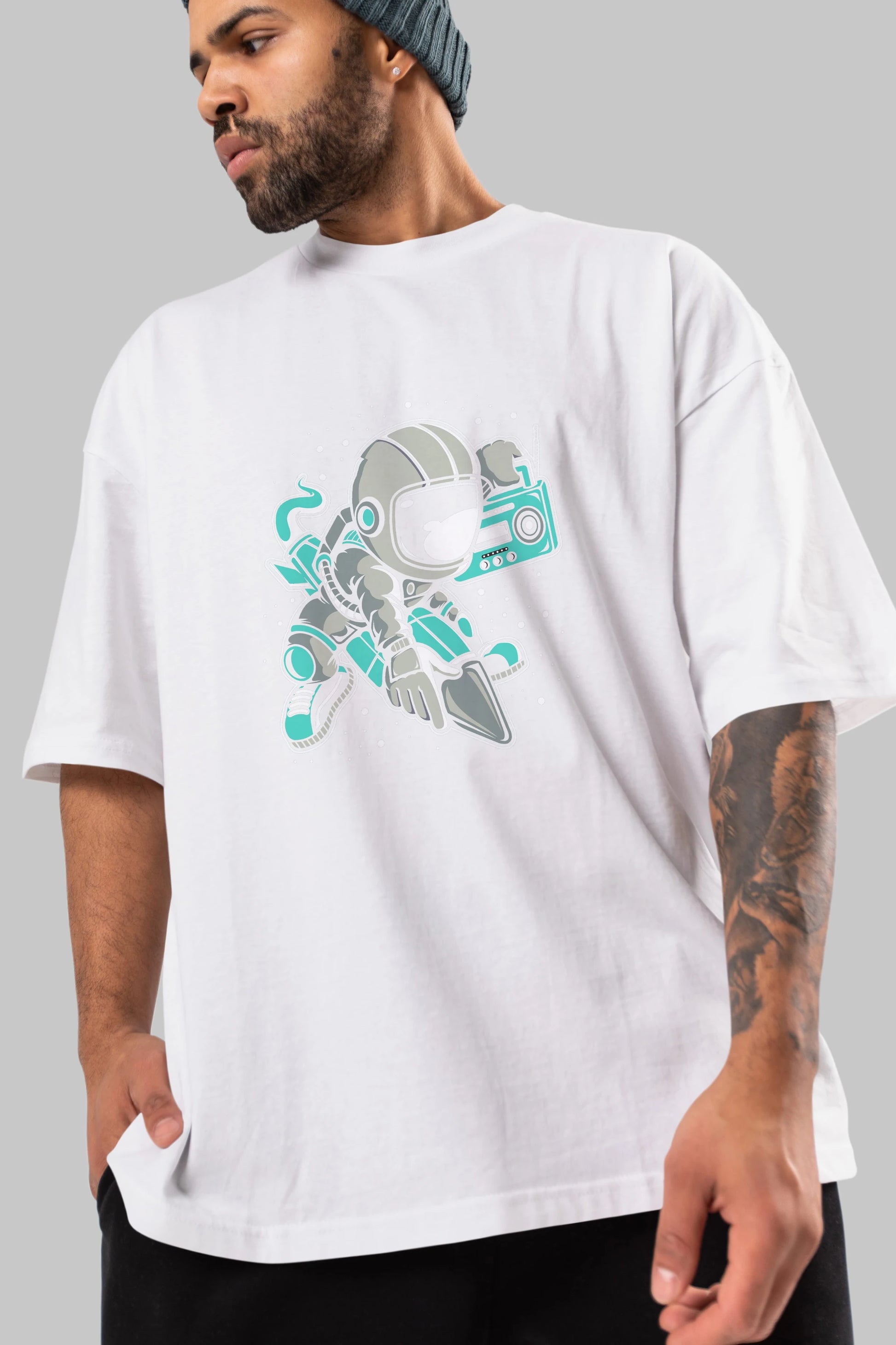 Astronaut Rocket (2) Ön Baskılı Oversize t-shirt Erkek Kadın Unisex