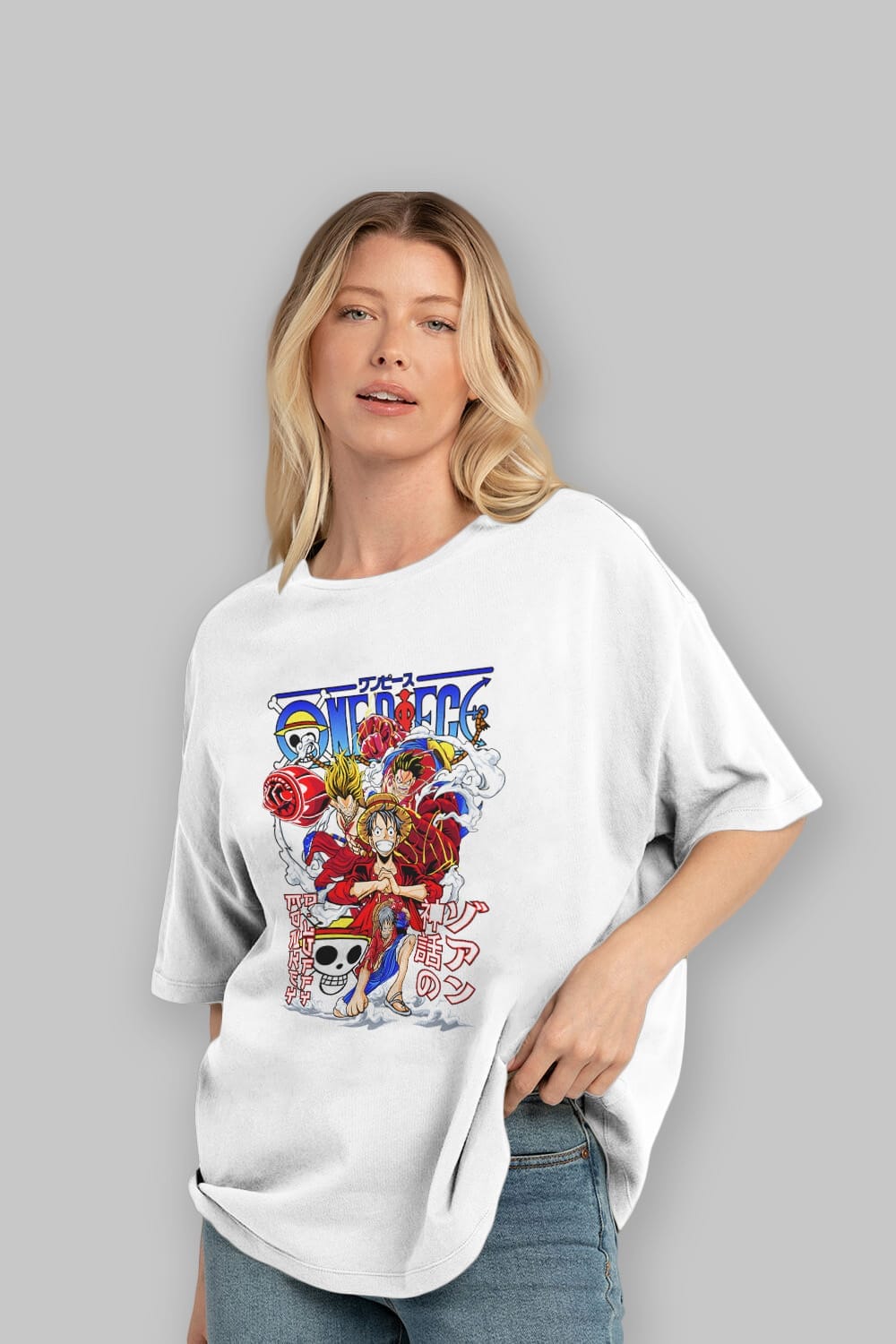 MONKEY D. LUFF-ONE PIECE 2 Anime Ön Baskılı Oversize t-shirt %100 pamuk Erkek Kadın Unisex