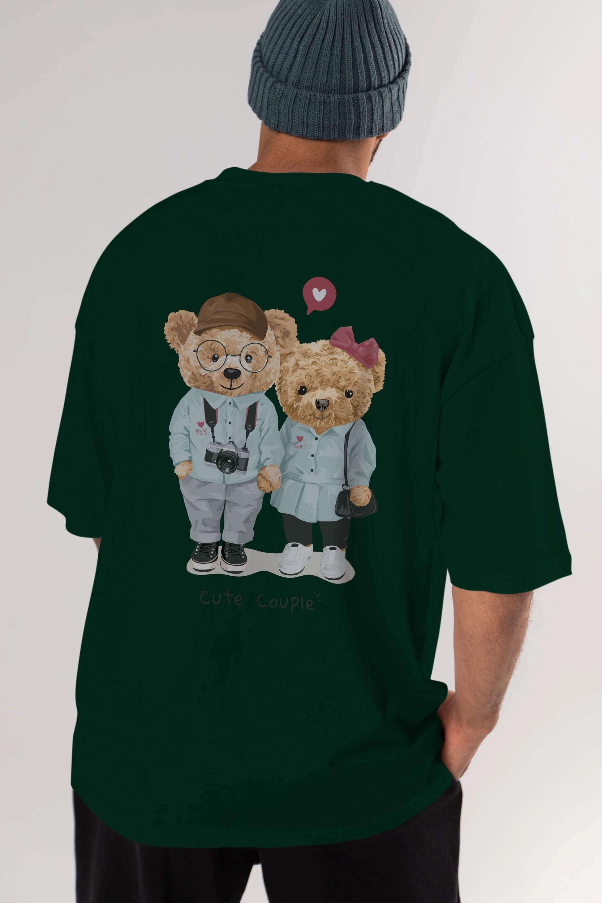 Teddy Bear Cute Couple Arka Baskılı Oversize t-shirt Erkek Kadın Unisex %100 Pamuk