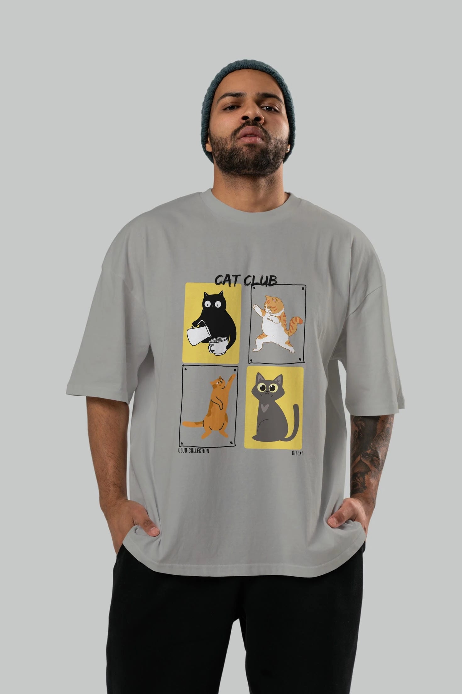 Cat Club ön Baskılı Oversize t-shirt Erkek Kadın %100 Pamuk Bisiklet Yaka tişort