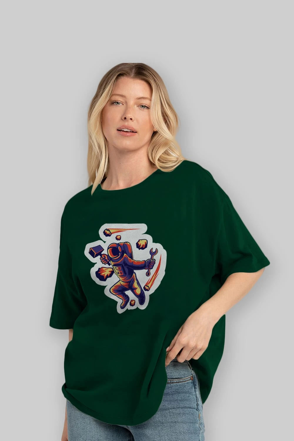 Astronaut Block Meteor Sticker Ön Baskılı Oversize t-shirt Erkek Kadın Unisex