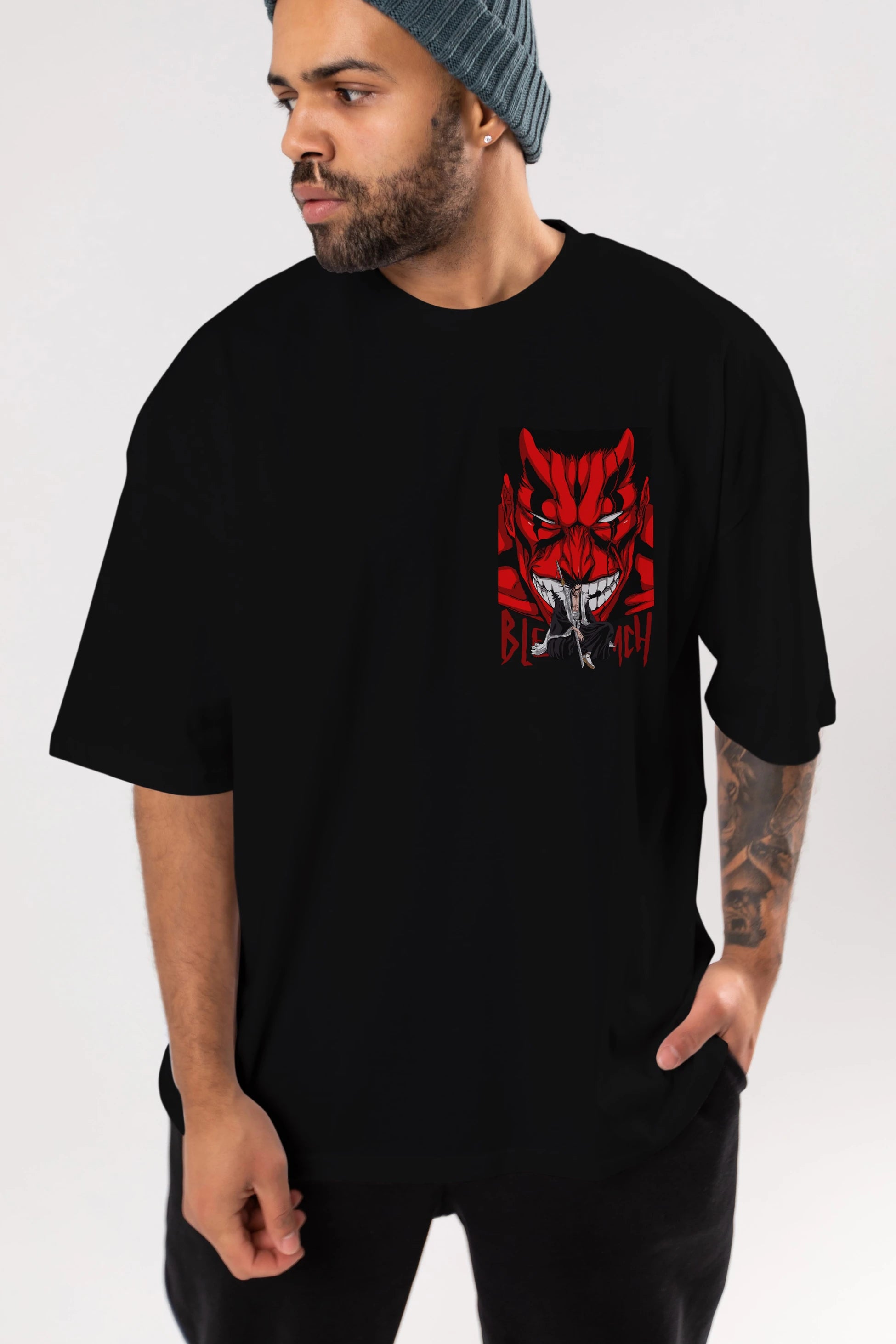 KENPACHI ZARAKI BLEACH Ön Sol Baskılı Oversize t-shirt Erkek Kadın Unisex %100 Pamuk Bisiklet Yaka tişort