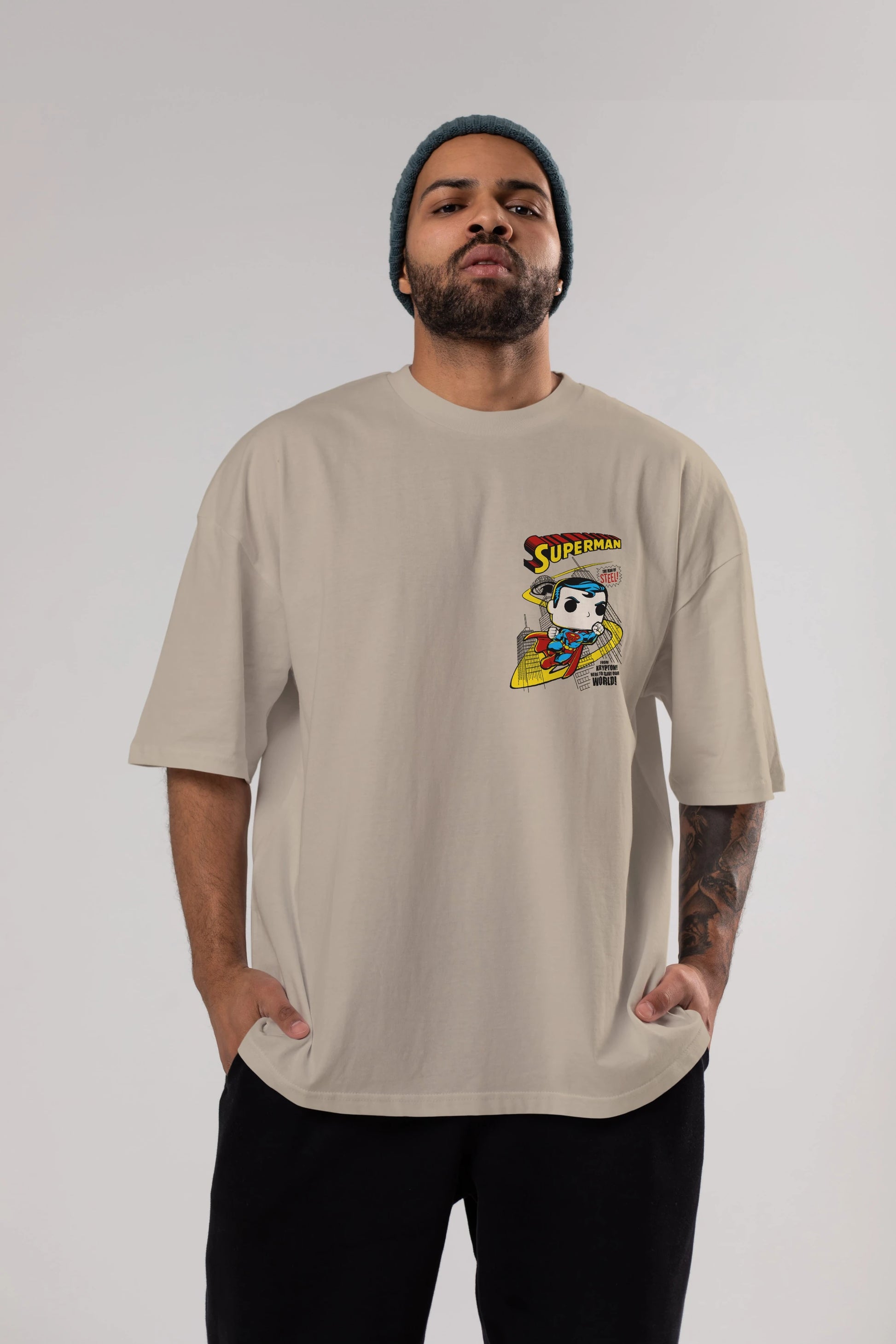 Superman (2) Ön Sol Baskılı Oversize t-shirt Erkek Kadın Unisex %100 Pamuk Bisiklet Yaka tişort