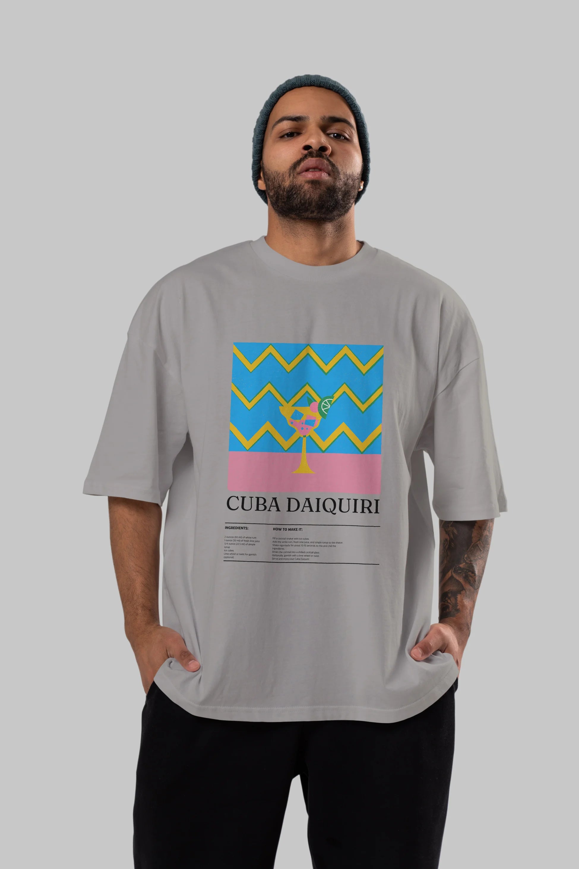Cuba Daiquiri Kokteyl Ön Baskılı Oversize t-shirt Erkek Kadın %100 Pamuk Bisiklet Yaka tişort