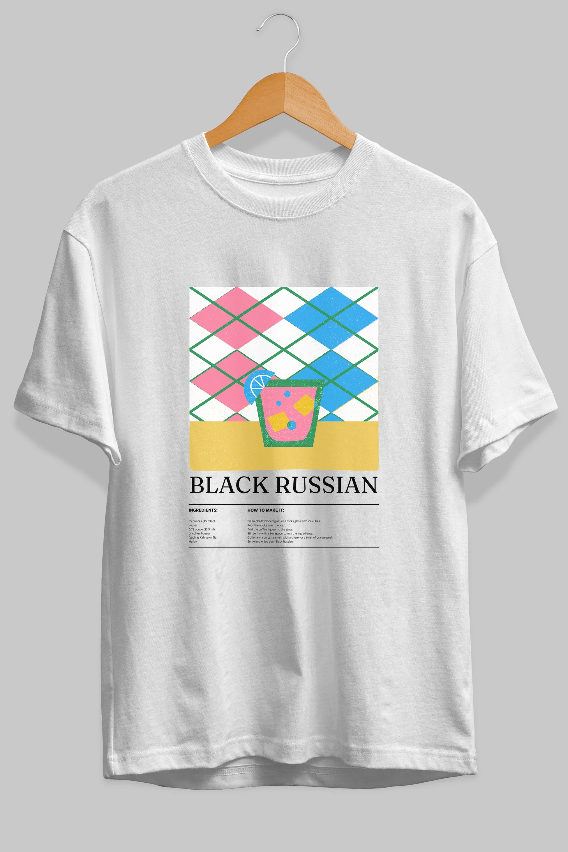 Black Russian Kokteyl Ön Baskılı Oversize t-shirt Erkek Kadın %100 Pamuk Bisiklet Yaka tişort