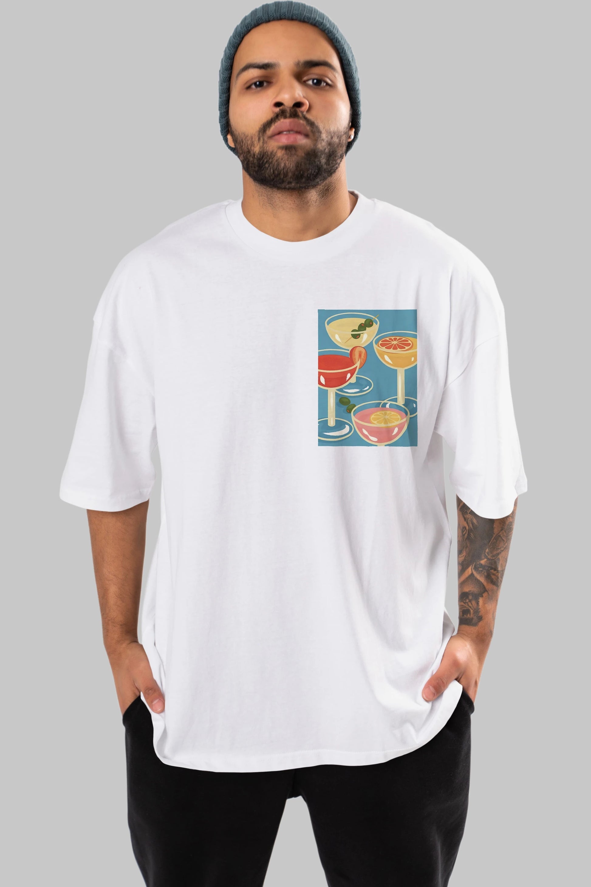 Cocktails Ön Sol Baskılı Oversize t-shirt Erkek Kadın Unisex %100 Pamuk Bisiklet Yaka tişort