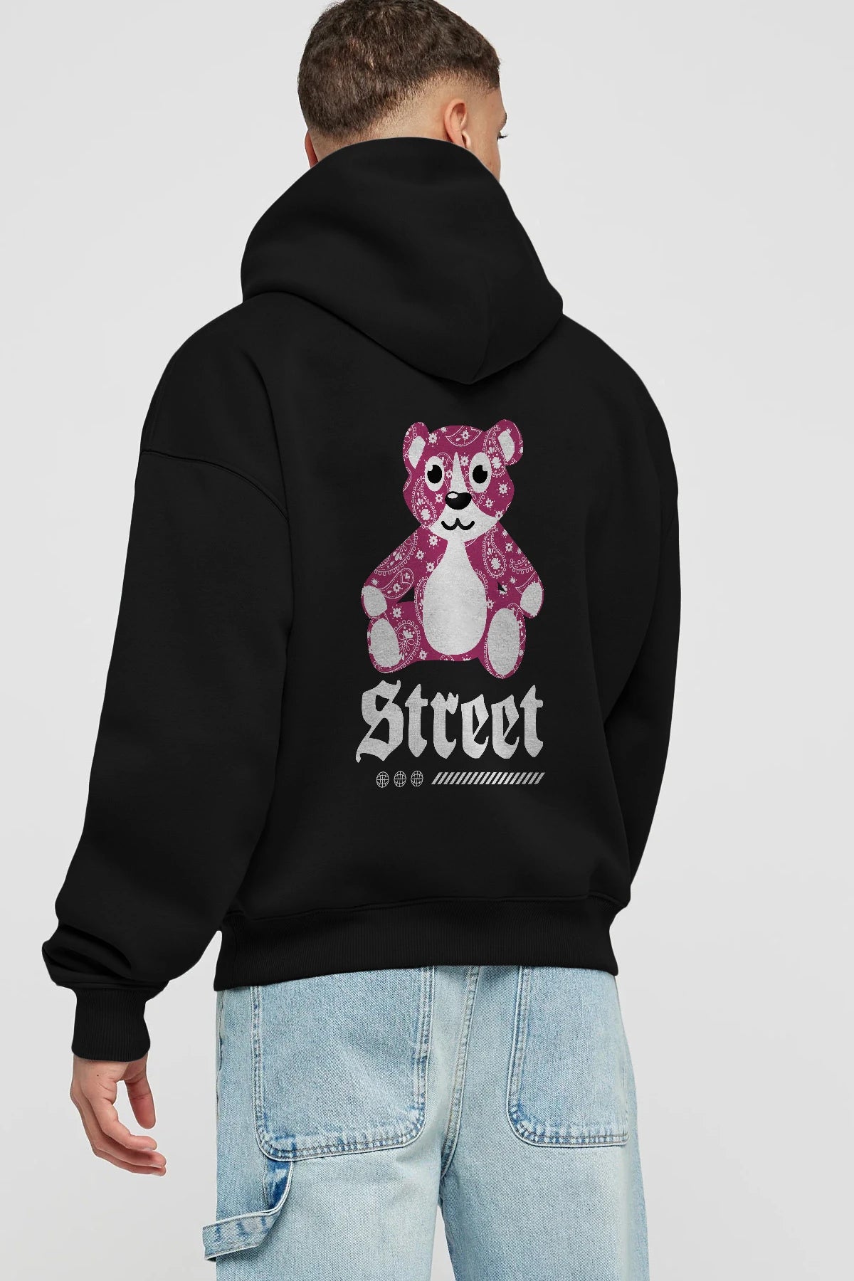 Street Bear Arka Baskılı Hoodie Oversize Kapüşonlu Sweatshirt Erkek Kadın Unisex