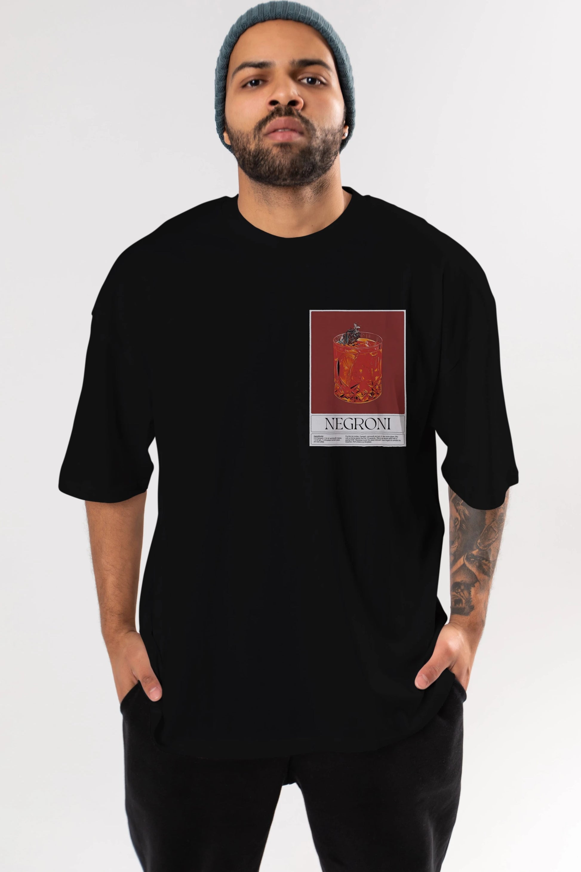 Negroni 2 Ön Sol Baskılı Oversize t-shirt Erkek Kadın Unisex %100 Pamuk Bisiklet Yaka tişort